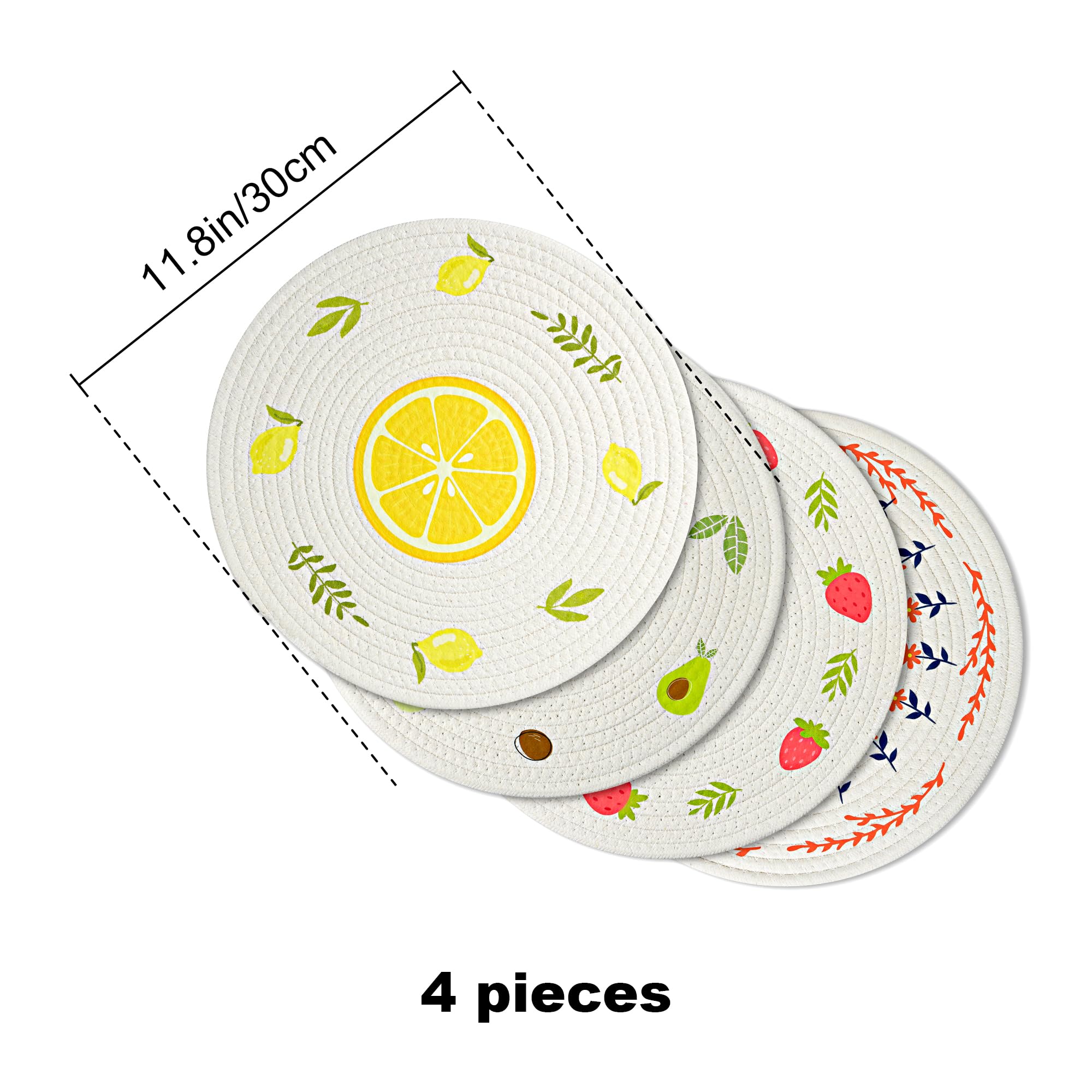 Fanquare Strawberry Avocado Orange Round Placemats Set Of 4 Fruit & Floral Pattern Rope Braided Place Mats 12 Inch Cute Fruit Ta