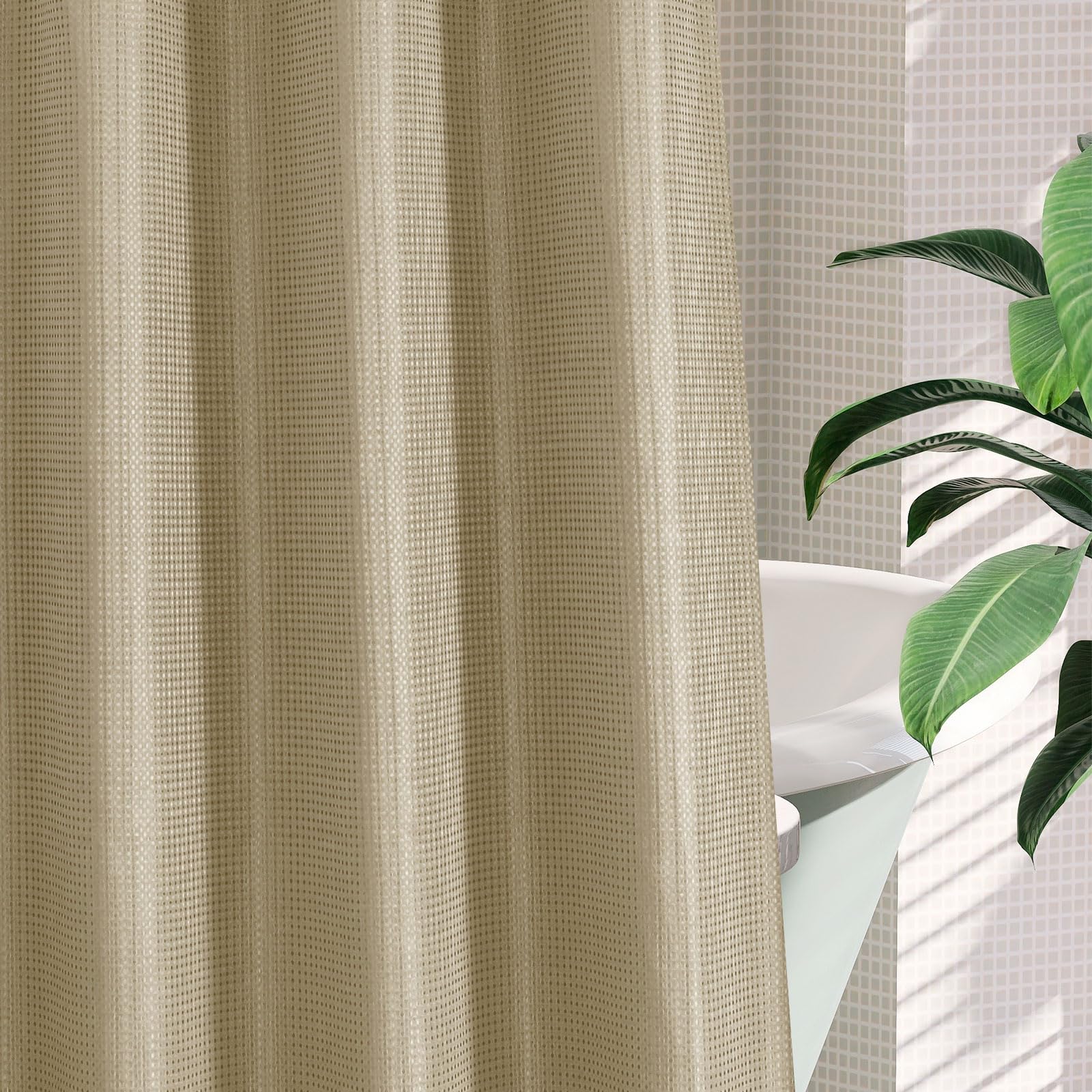 Mitovilla No Hooks Needed Beige Waffle Shower Curtain With Snap-In Liner, Modern Waffle Weave Heavy Duty Fabric Cloth Shower Cur