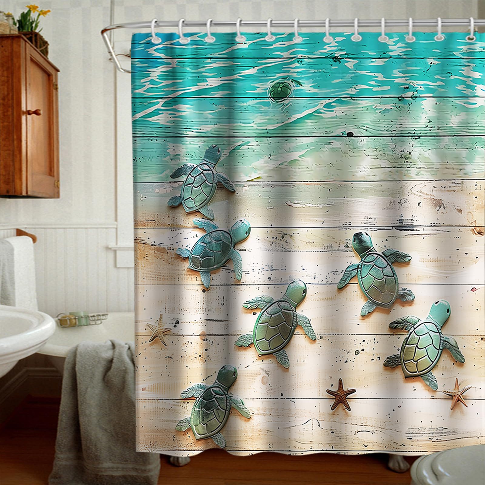 Final Friday Green Beach Sea Turtle Shower Curtain Nautical Teal Theme Fabric Bathroom Blue Ocean Decor With Grommets And Hooks