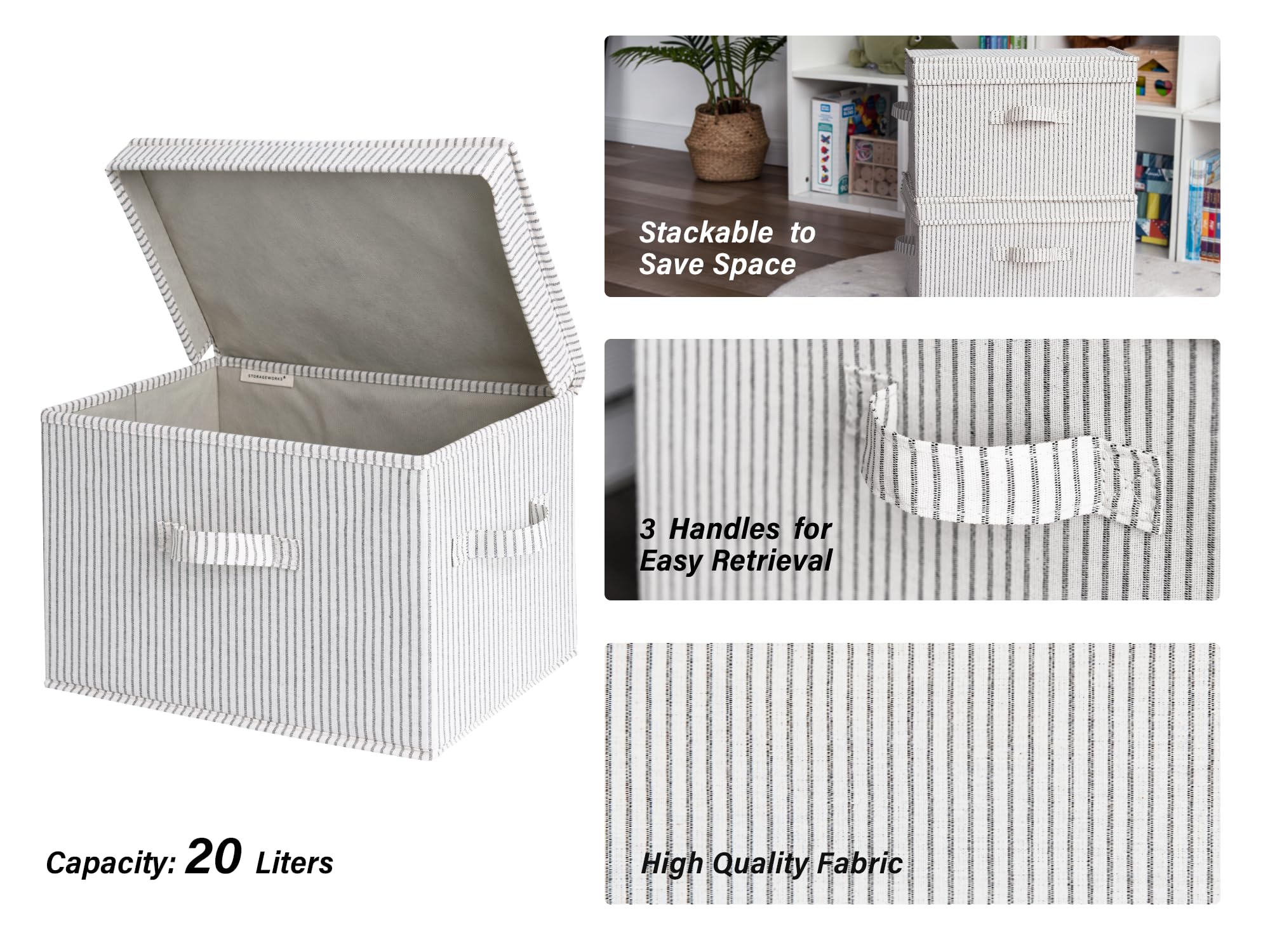 Storageworks Decorative Storage Boxes, Storage Basket With Lid And Handles, Gray And White Stripes, Large, 2-Pack