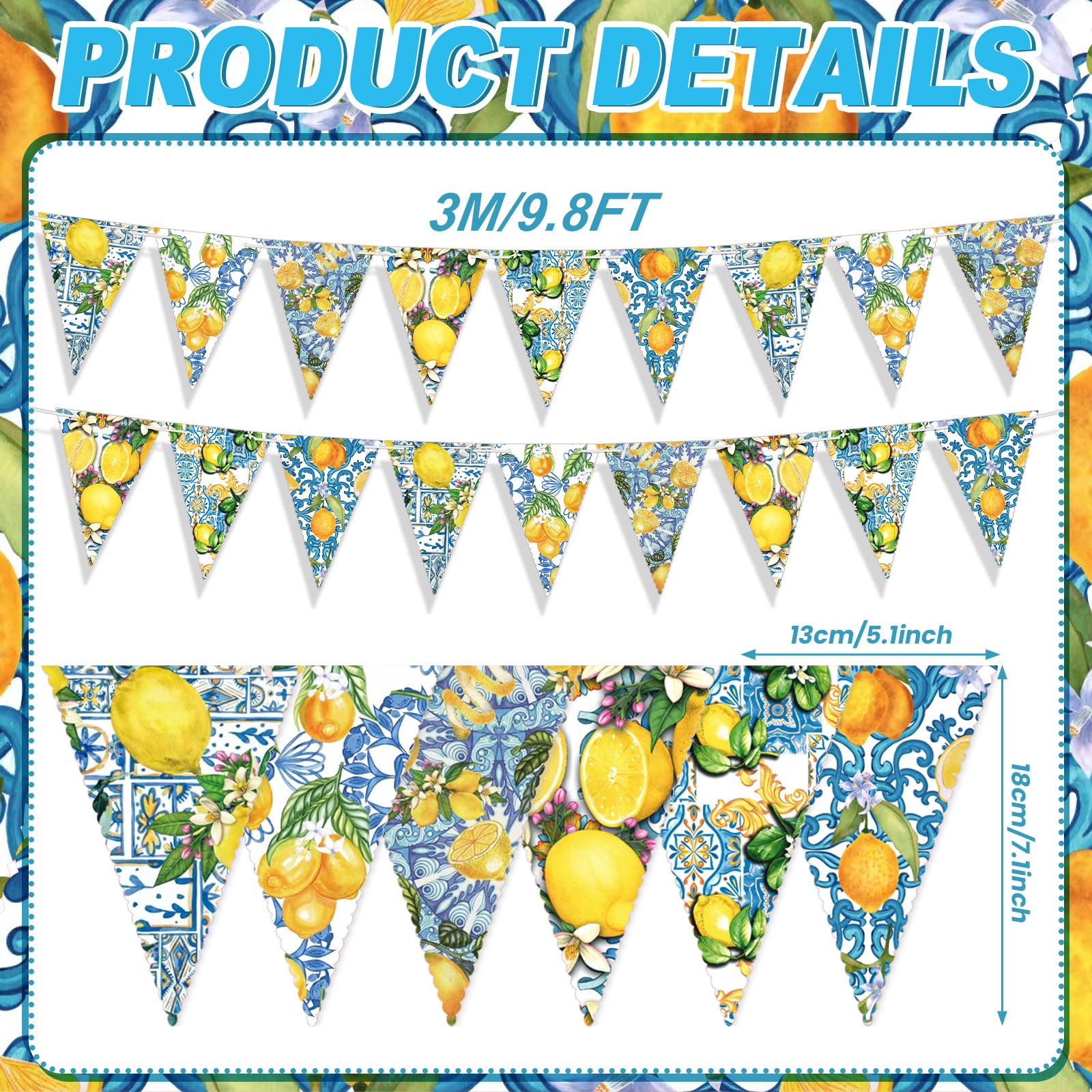 5 Pieces Blue Tiles Lemon Decor Lemon Bunting Banners Blue Tiles Paper Pennant Garlands Lemonade Hanging Triangle Flags for Wedd