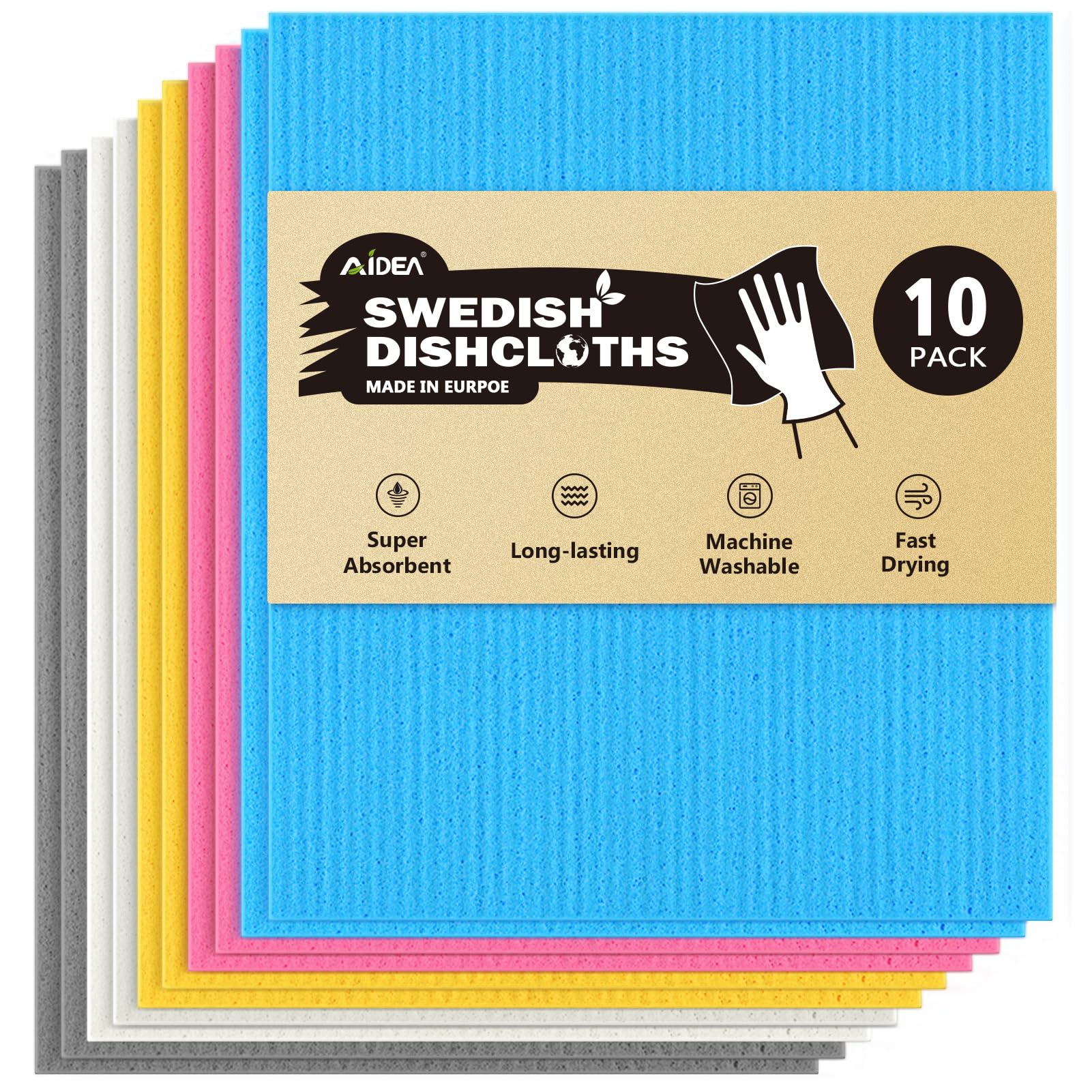 AIDEA Swedish Dishcloths for Kitchen-10PK, Absorbent Sponge Dish Cloth, Dishcloths for Washing Dishes, Reusable Paper Towels Dis