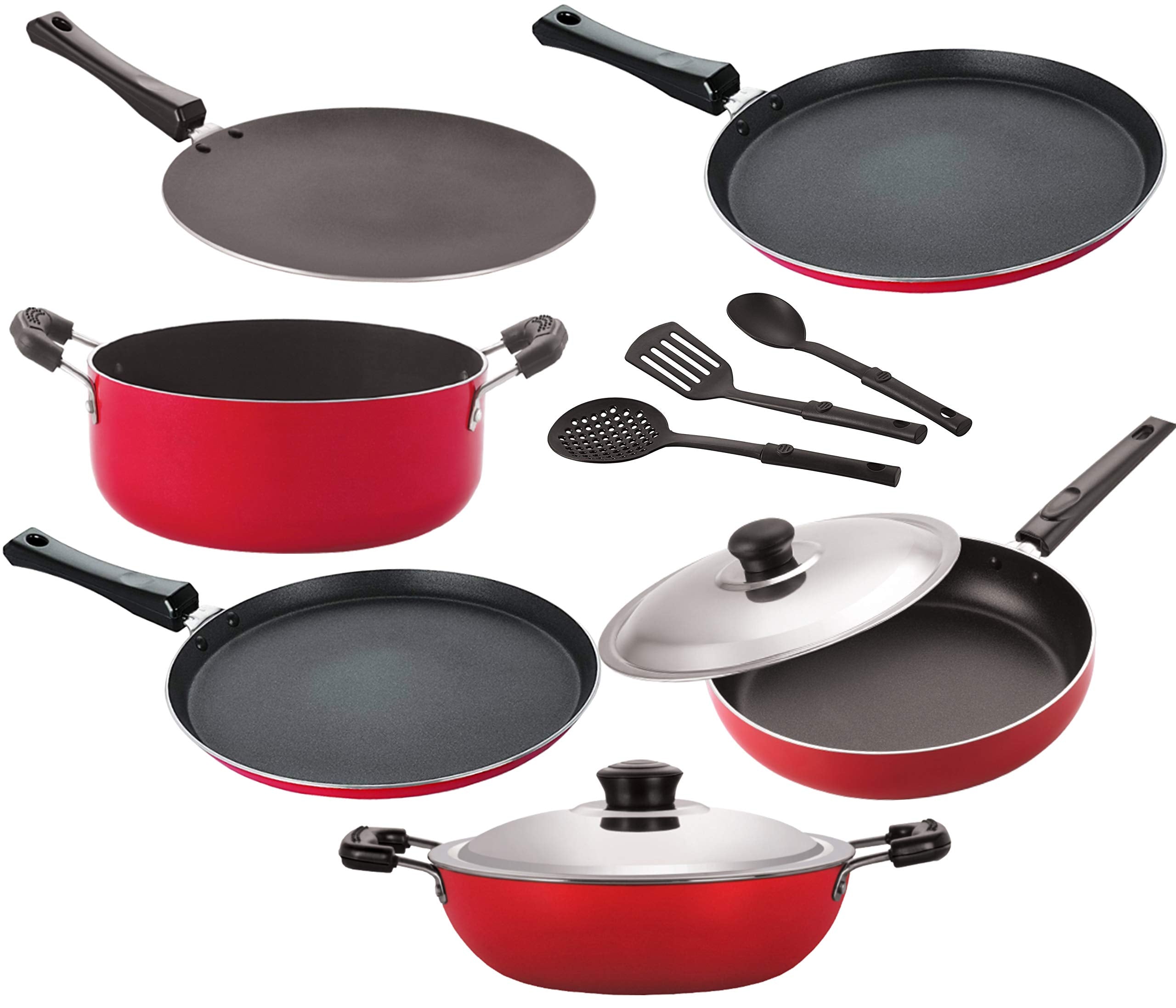 Nirlon Gas Compatible NonStick Non Induction Aluminium Cookware Set Of 9 Pieces (26_Ft12_Ct_Dkdm_Ft10_Cass20_Fp12_3Spn)