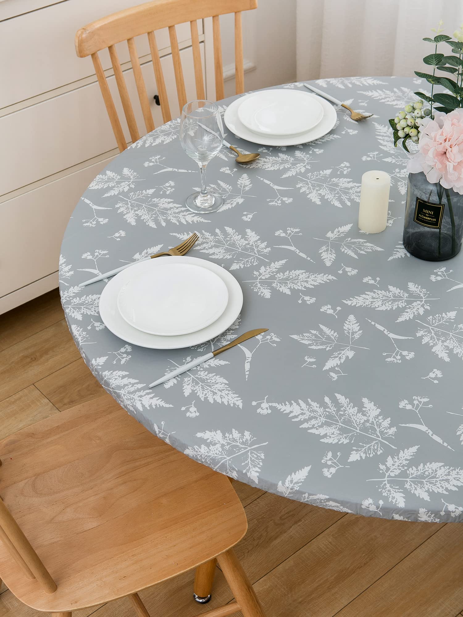 Round Vinyl Fitted Tablecloth With Flannel Backing Elastic Table Cloth Waterproof Oil-Proof Plastic Table Cover
