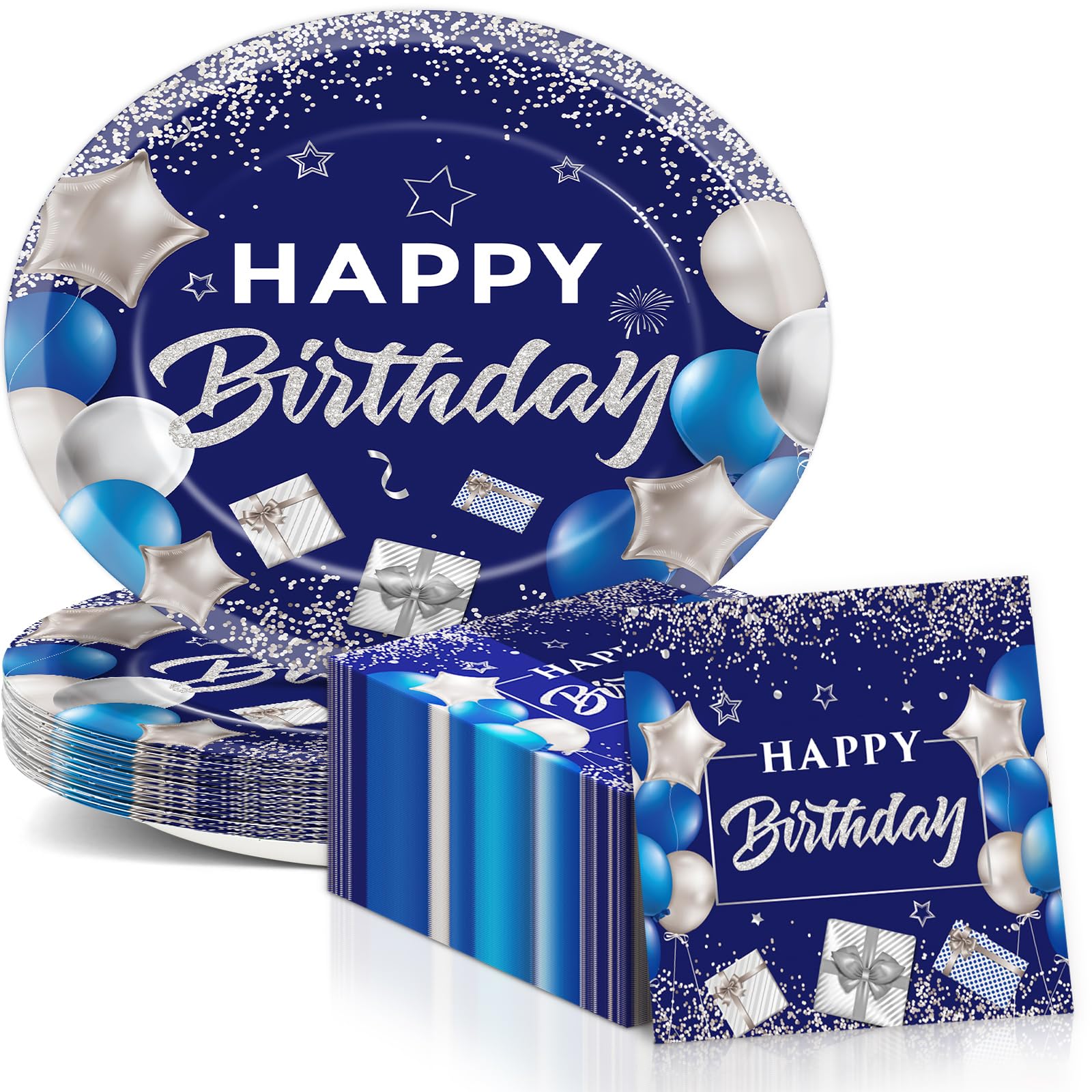 Birthday Oval Paper Plate 11inch Large Happy Birthdays Plates and Napkins, Blue and Silver Party Decoration Favor Dish Tray for 