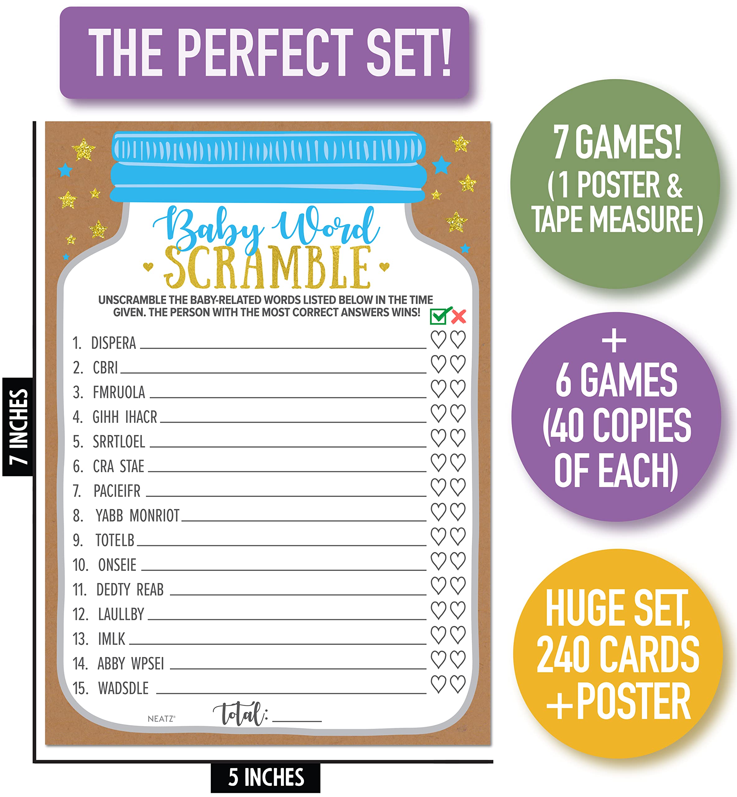 Neatz Baby Shower Games Boy - Huge Set, 7 Games (40 Of Each, 240 Cards) - Blue Mason Jar Design To Match Your Baby Shower Decora