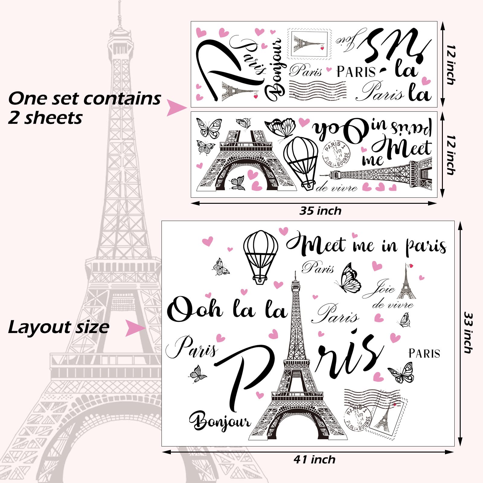 2 Sheets Paris Tower Wall Stickers Paris Eiffel Tower Peel And Stick Wall Decal Removable Balloon Stickers Large Black Paris Tow