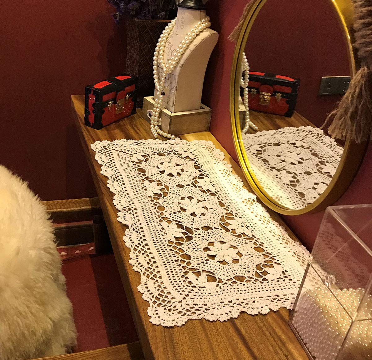 Janef Beige Handmade Crochet Cotton Table Runner Lace Doilies Doily Rectangle Dresser Scarves,16 By 28 Inches.
