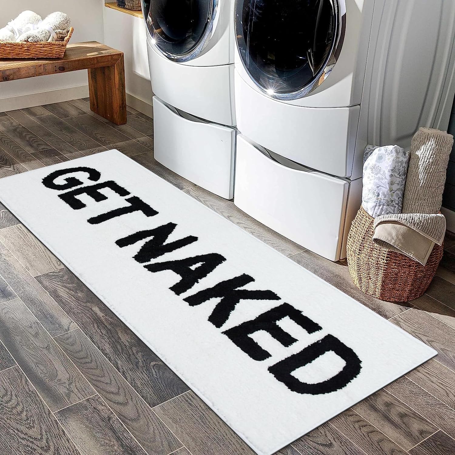 White Get Naked Bath Mat, Long Runner Mat for Bathroom, Cute Fun Simple Bath Rug, Water Absorbent Non-Slip Microfiber Mat, 18x47