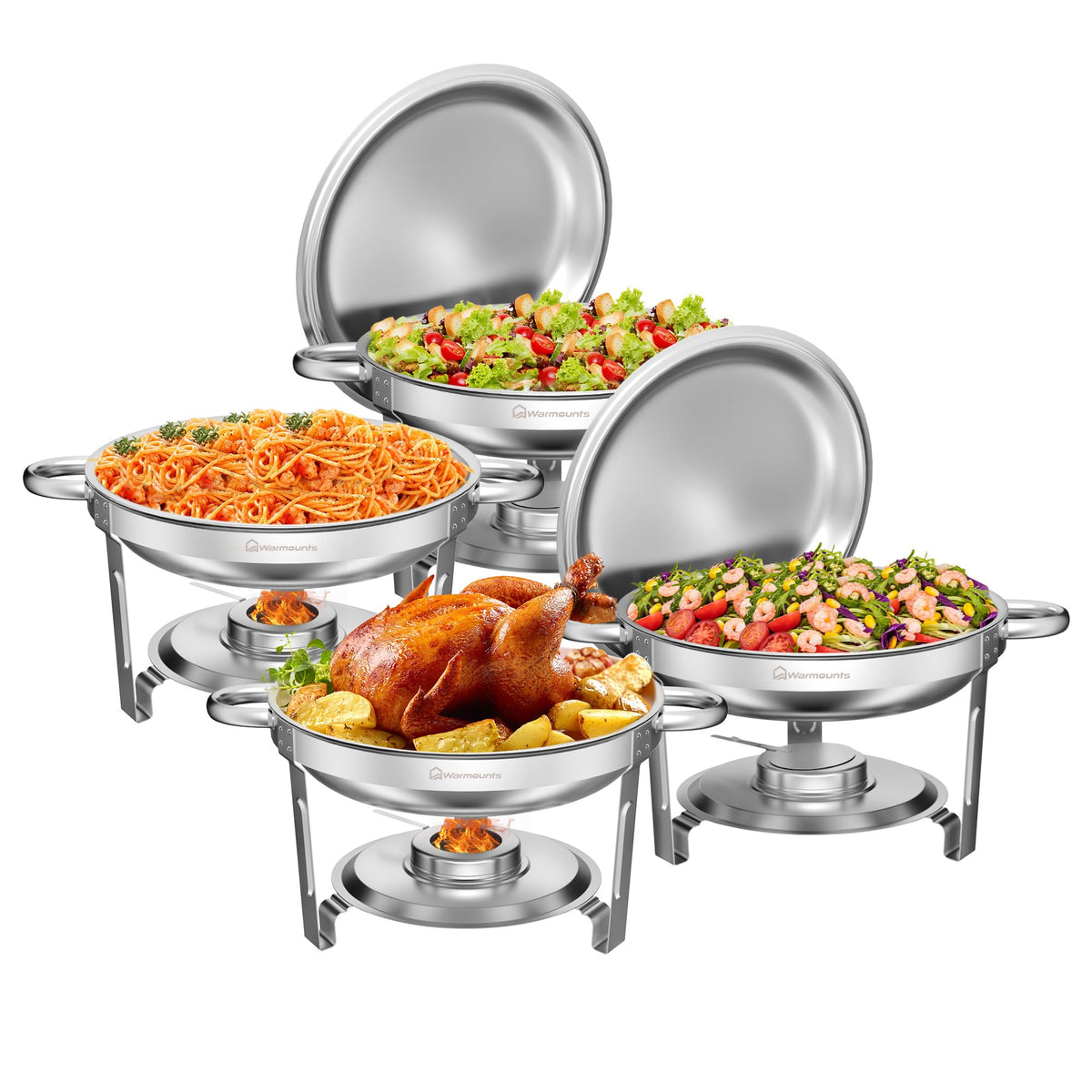 WARMOUNTS Chafing Dishes for Buffet 5QT 4Pack, [95% Pre-Assembled] Round Chafing Dish Buffet Set w/Lid Holder, Stainless Steel C