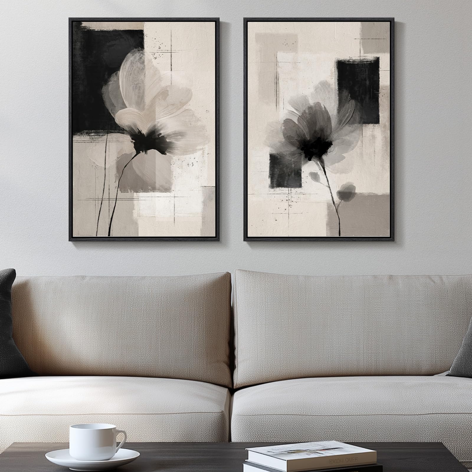 Framed Neutral Abstract Floral Wall Art For Bedroom, Set Of 2 Black And Beige Minimalist Canvas Prints Paintings Artwork For Wal