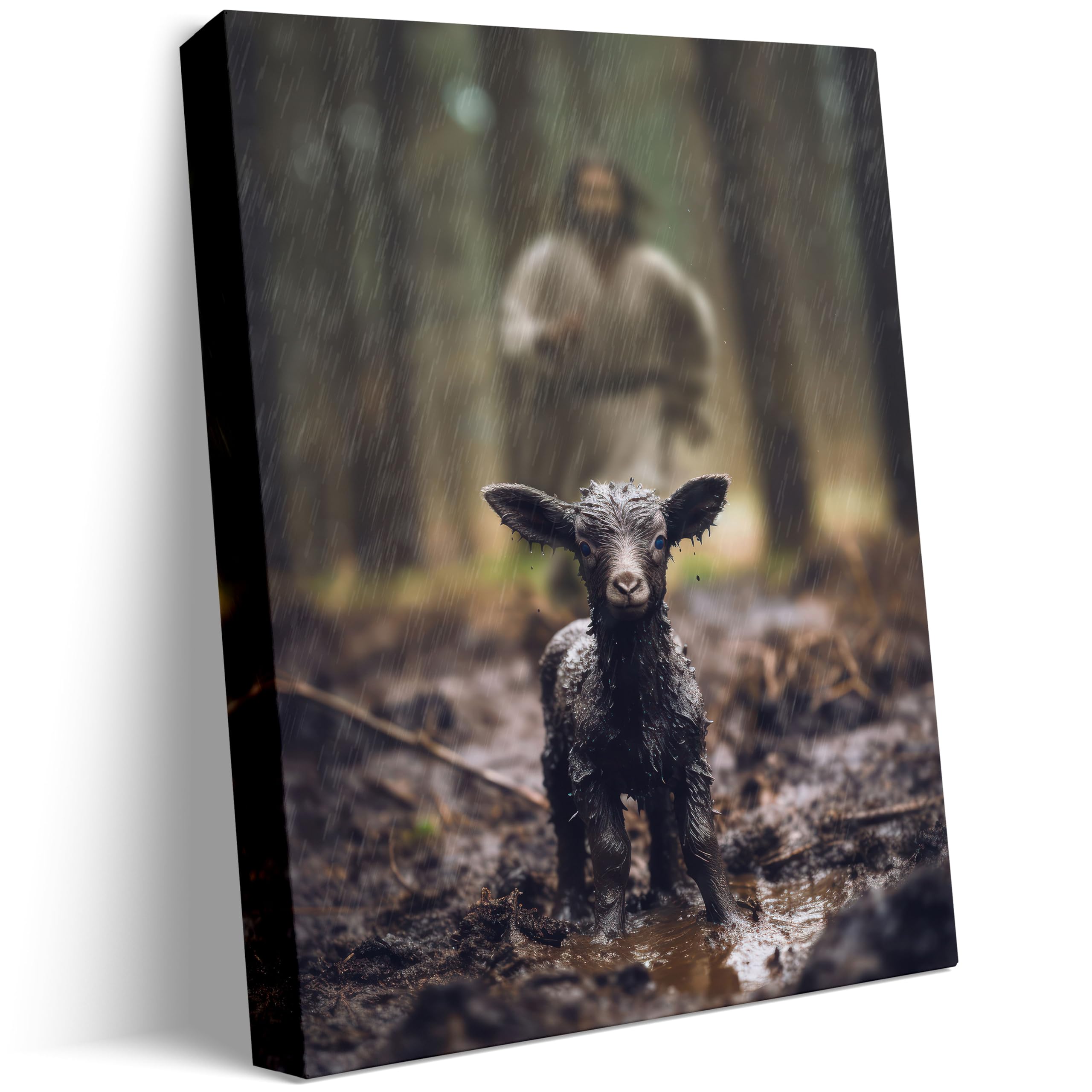 Jesus And Lamb Canvas Wall Art Black Sheep Lost Picture Wall Art Canvas Print Christian Home Decor 12X16 Inch