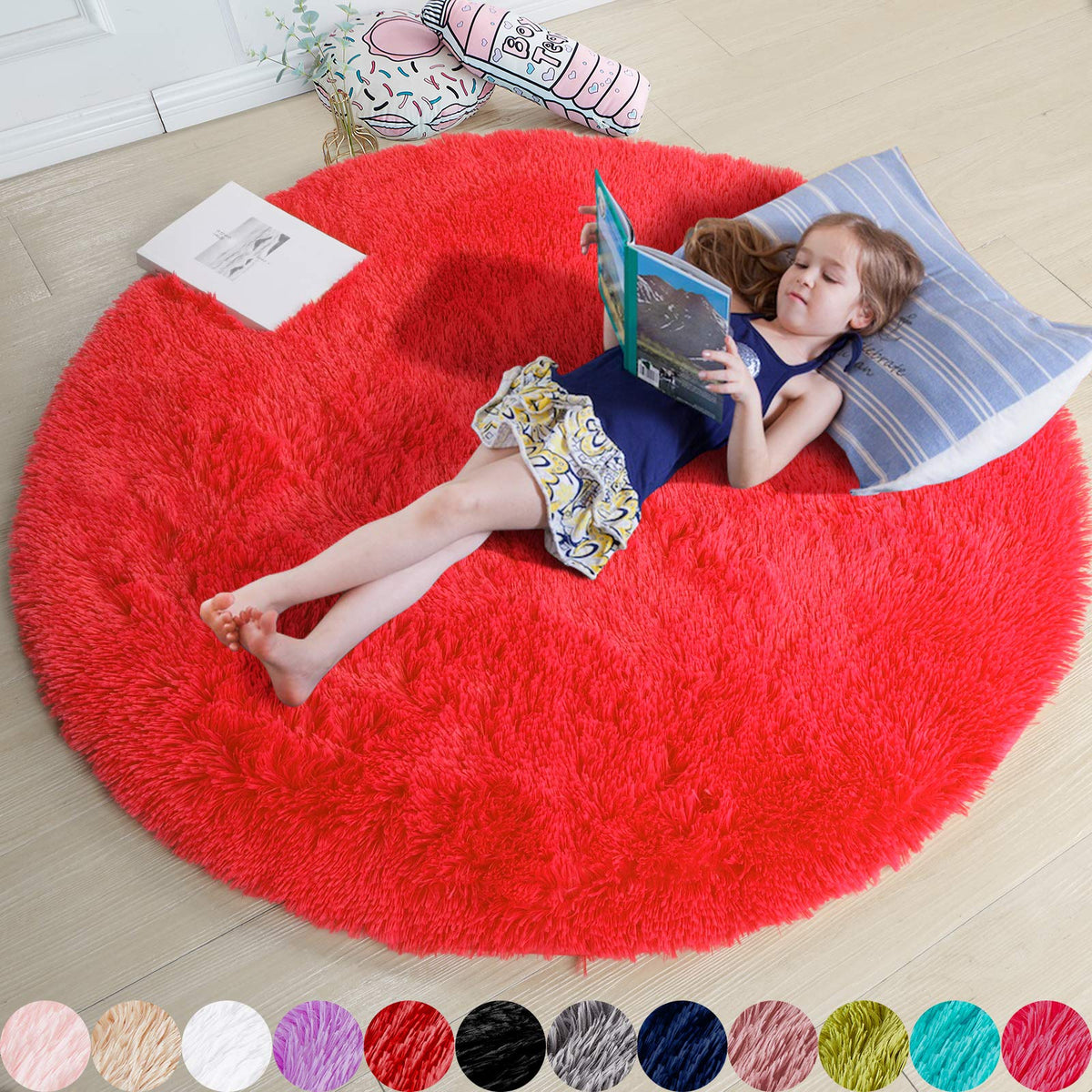 Red Circle Round Rug 7Ft for Living Room Bedroom, Large Fluffy Shag Ar ...