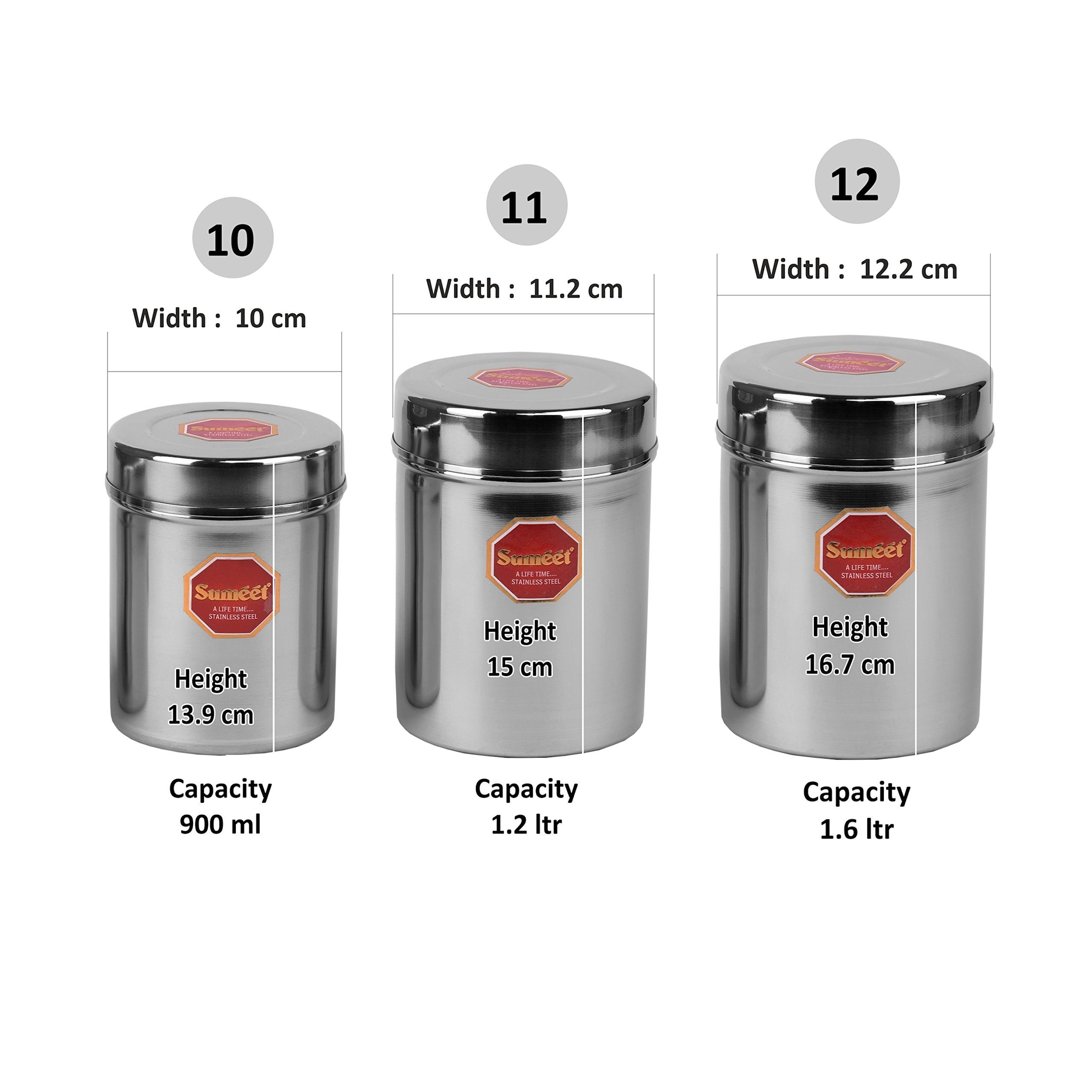 Sumeet Stainless Steel Vertical Canisters/Ubha Dabba/Storage Containers Set Of 3Pcs (No. 10 To No. 12) (900Ml, 1.250 Ltr, 1.6 Lt