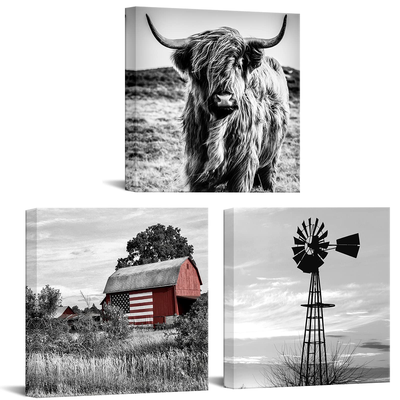 Black And White Canvas Set Of 3 Wall Art Prints Farmhouse Barn American Flag Highland Cow And Windmill Pictures Rustic Farm Coun