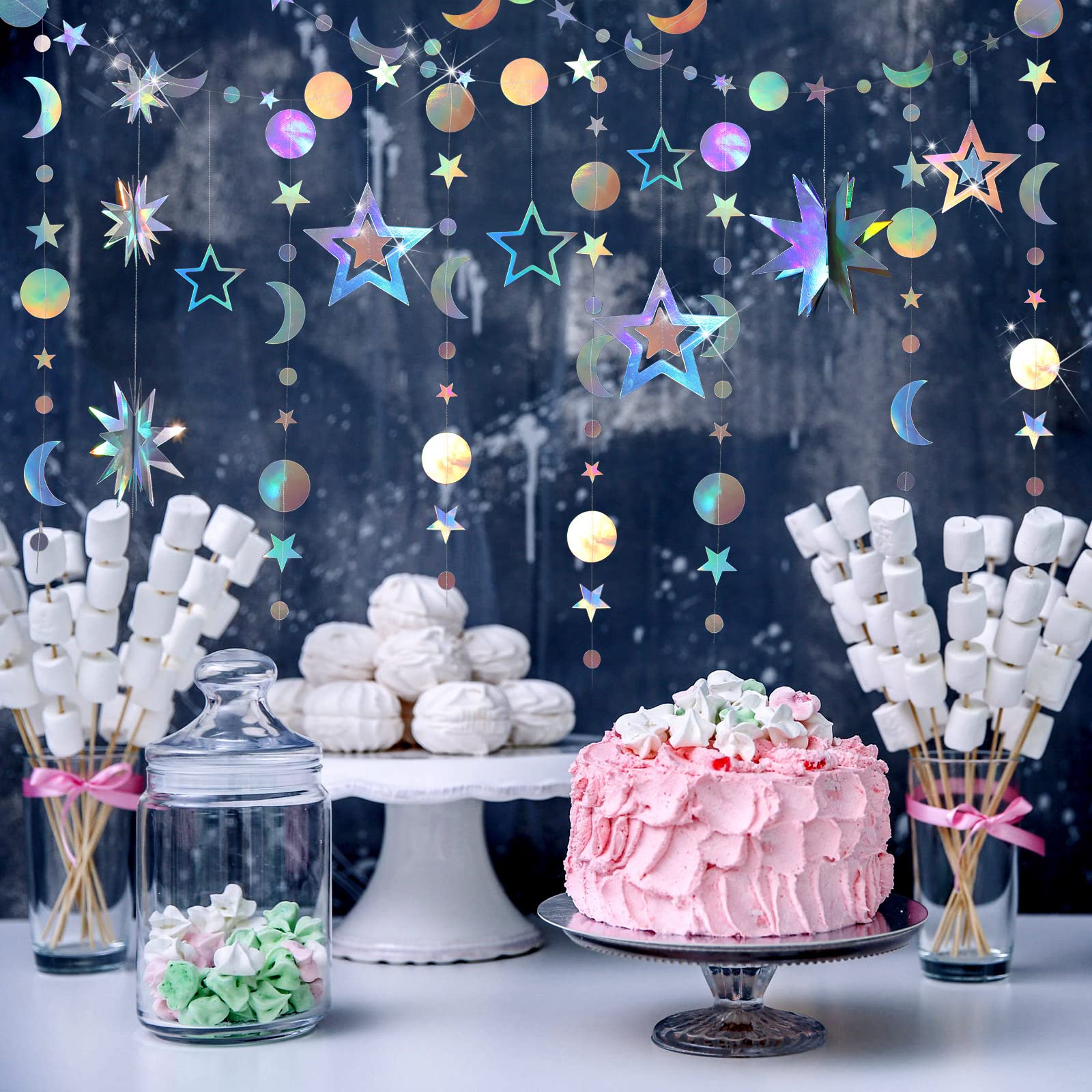 7 Pcs Iridescent Moon Star Garland Streamer, Bling Bling 3D Twinkle Little Stars Hanging Decor Backdrop For Baby Shower Birthday