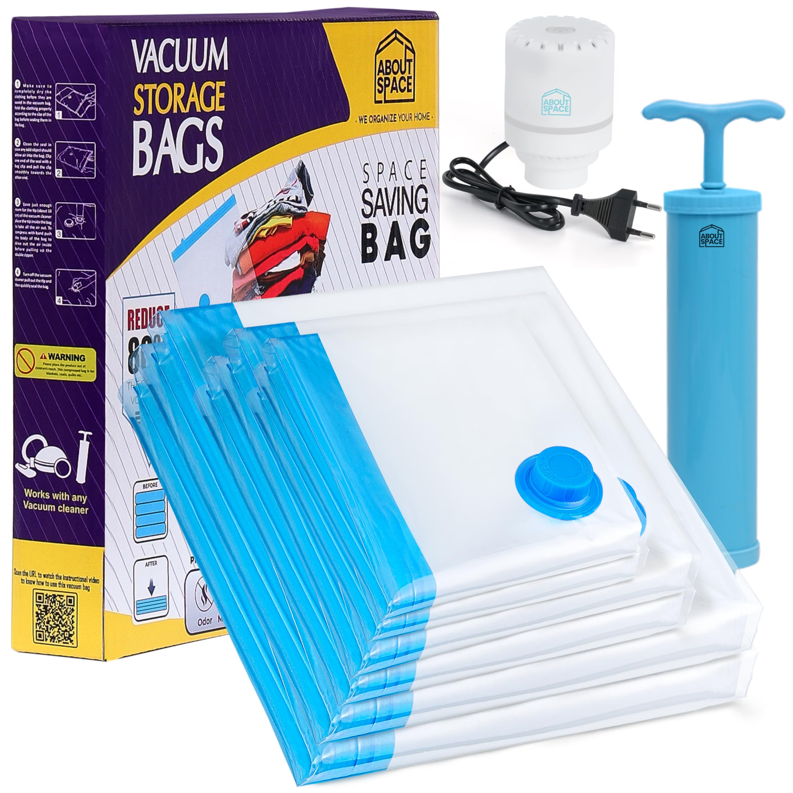 About Space 6 Pack Vacuum Bags For Travel With Electric & Hand Pump (2 Jumbo/2 Large/2 Medium) Polyamide Polyethylene Space Save