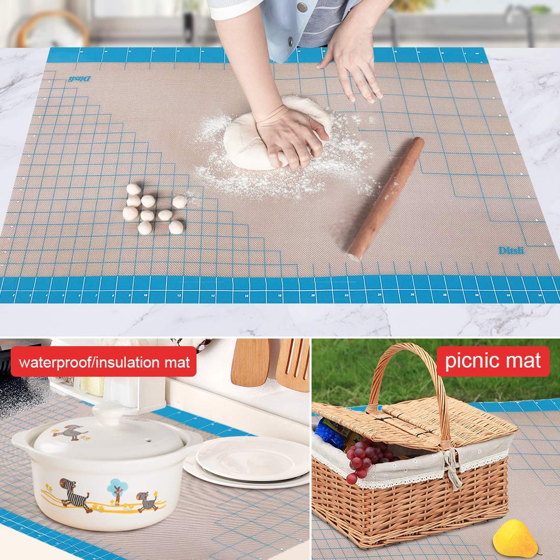 Dltsli XXL Silicone Baking Mat 36x24 inch Non-Stick Blue Pastry Fondant Dough Mat for Rolling Kneading and Baking