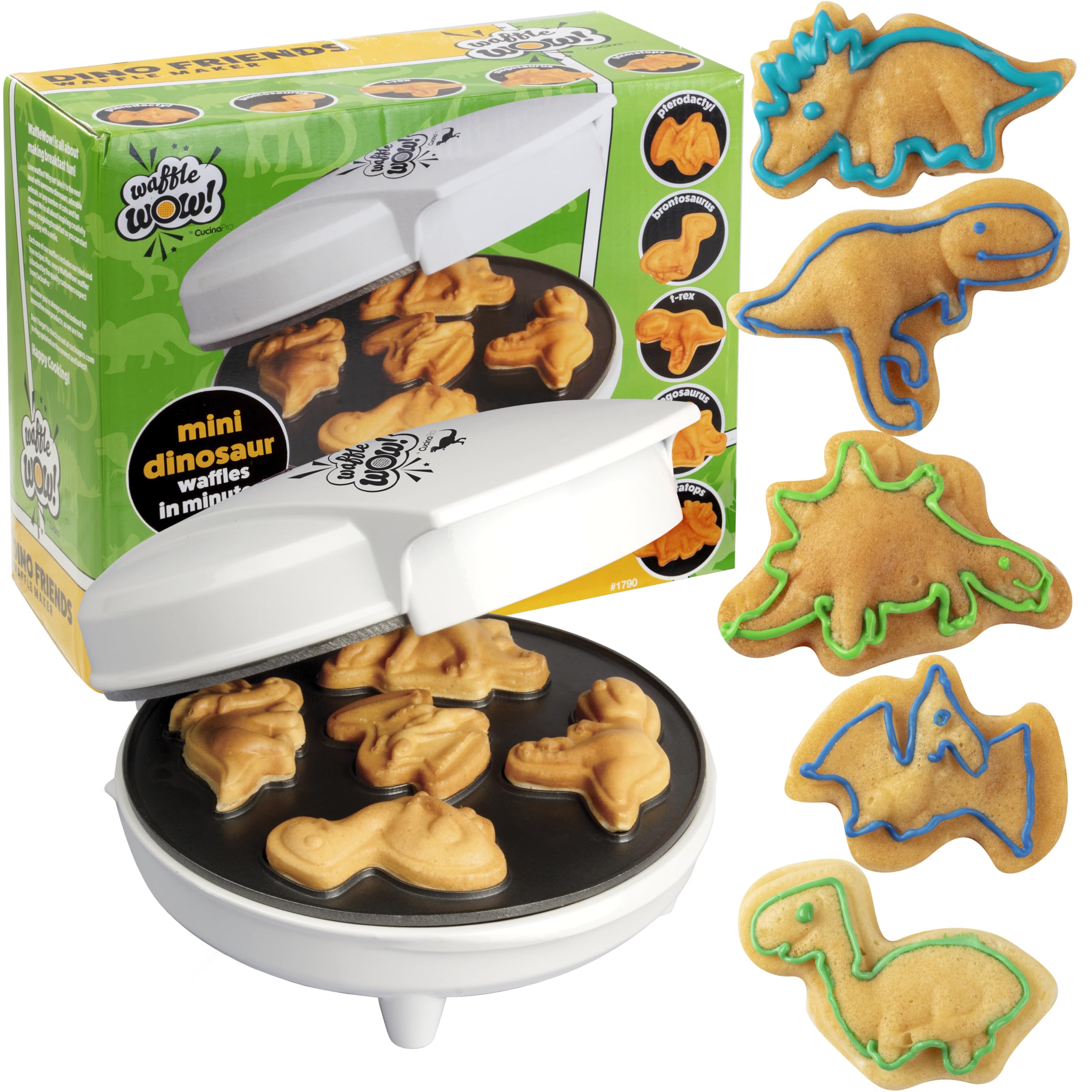 Dinosaur Mini Waffle Maker - 5 Different 3D Shaped Dinos in Minutes- Make Fun Holiday Breakfast for Kids  Adults w Cool Novelty Pancakes  Electric Non-Stick Waffler Iron with Recipe Guide  Xmas Gift
