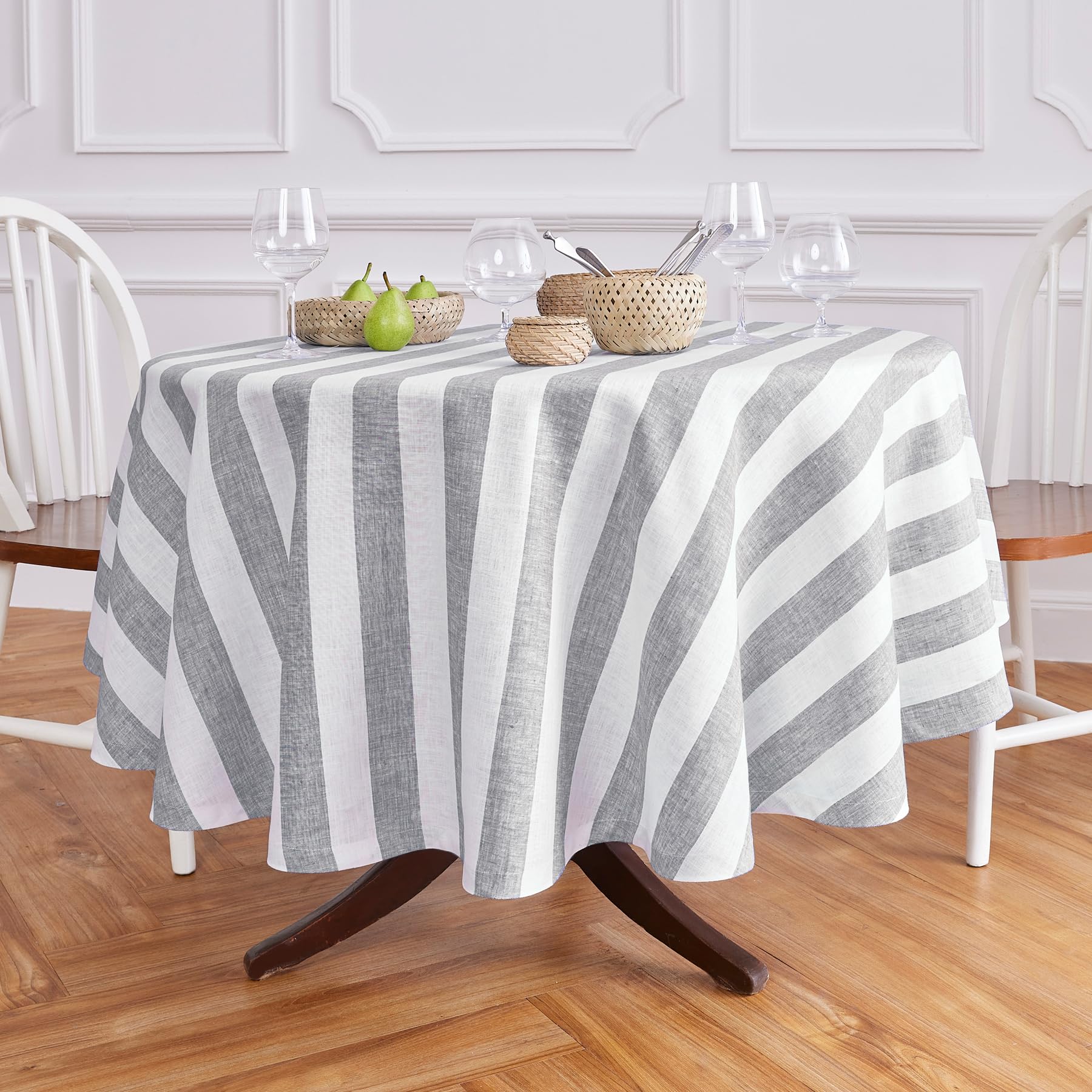 Solino Home Cabana Stripe Linen Round Tablecloth 60 Inch Diameter - 100% Pure Linen Grey And White Tablecloth For Spring, Easter