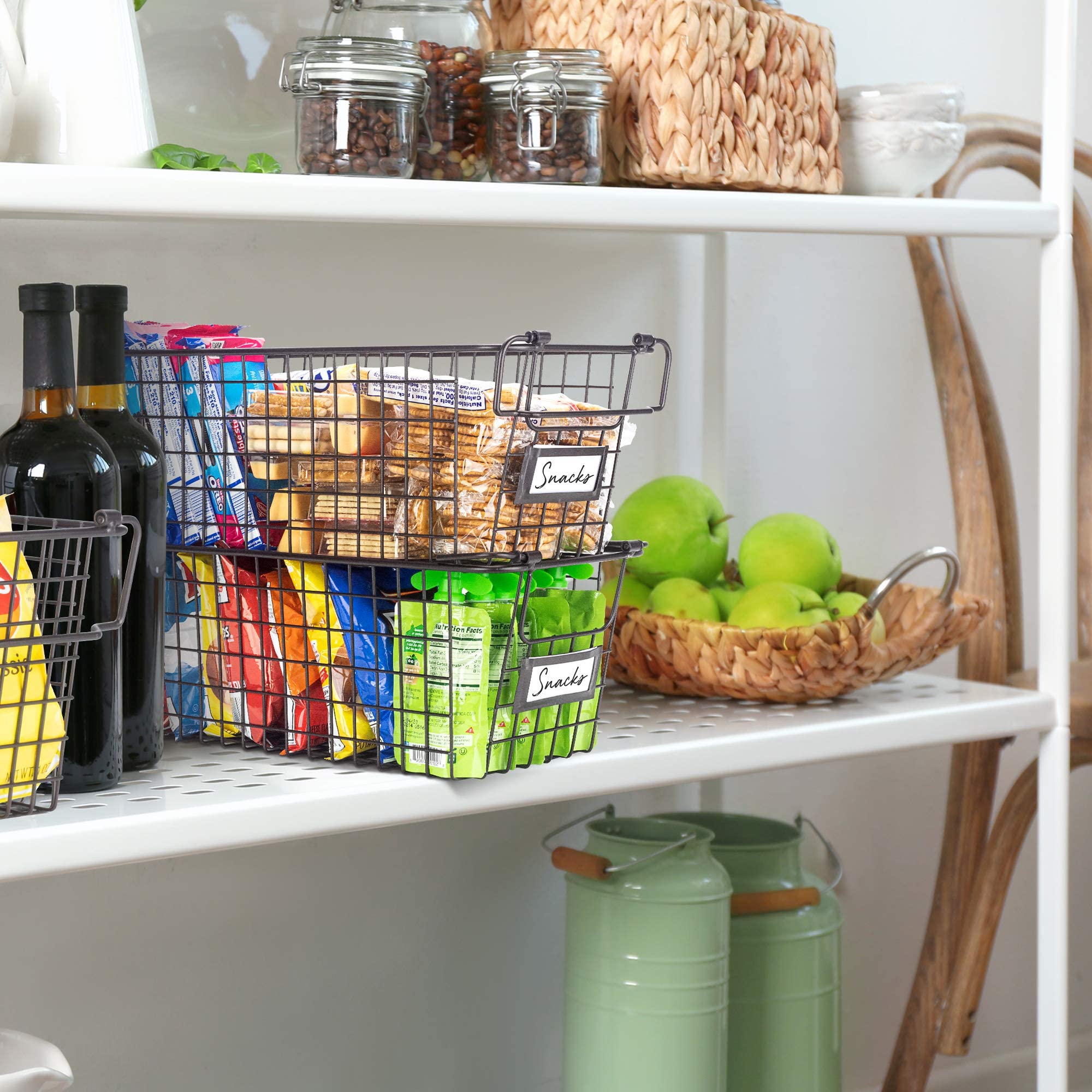 Granrosi Large Stackable Wire Baskets For Organizing - Set Of 2 Wire Storage Baskets With Handles; Snacks & Chips Organizer For