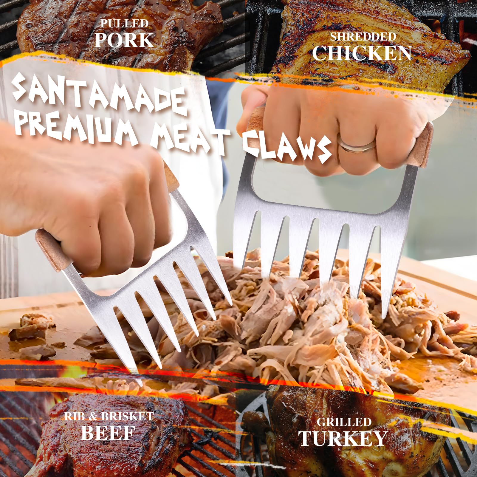Santamade Meat Shredder Claws - Stainless Steel Meat Claws For Pulled Pork, Shredded Chicken, Bear Claws For Shredding Meat, Gri