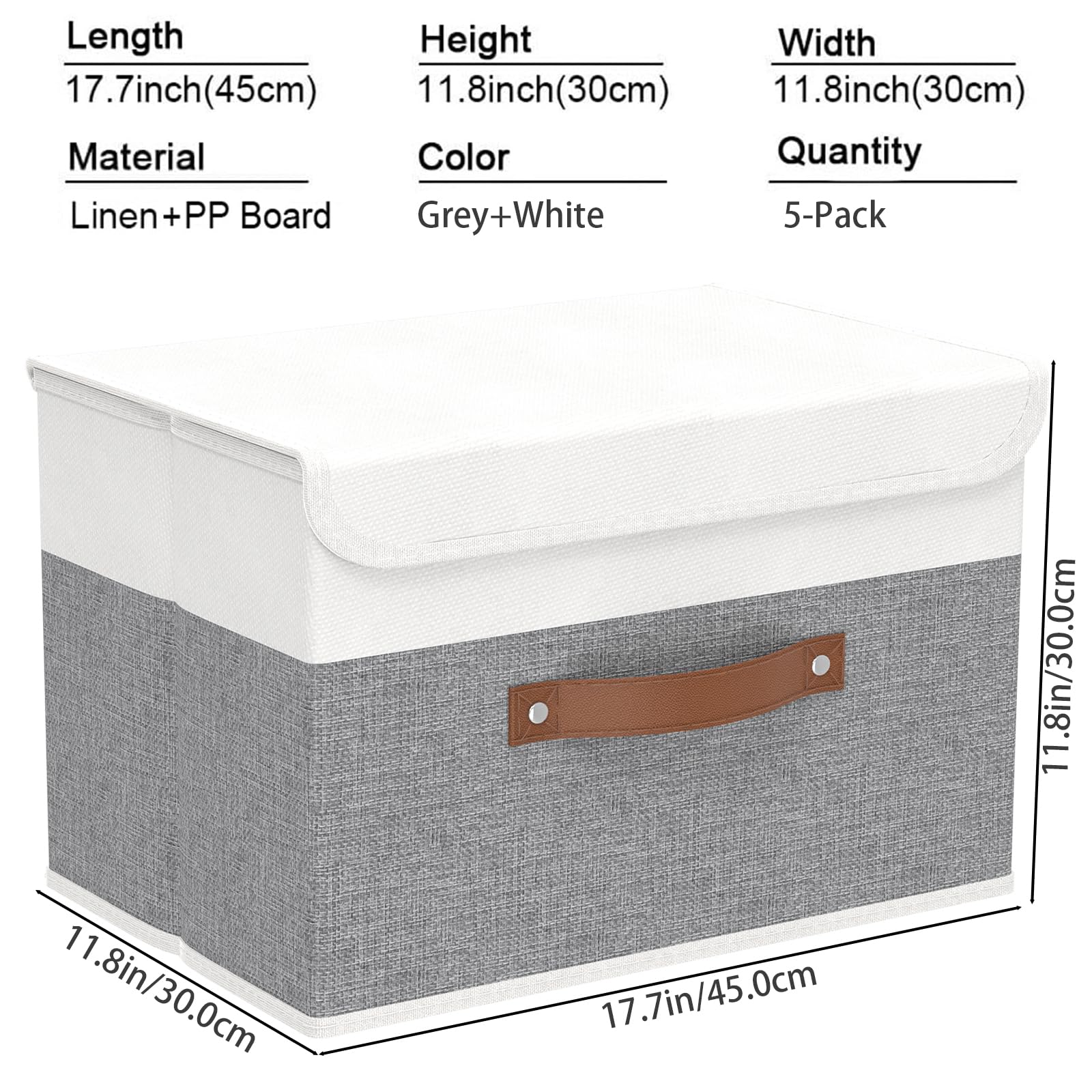 Yawinhe Collapsible Storage Boxes 5 Pack  Linen Fabric Storage Baskets Washable  with Lids and Leather Handle  for Home Bedroom Closet Office  (White/Grey  17.7x11.8x11.8in)  USNK024WGX-5