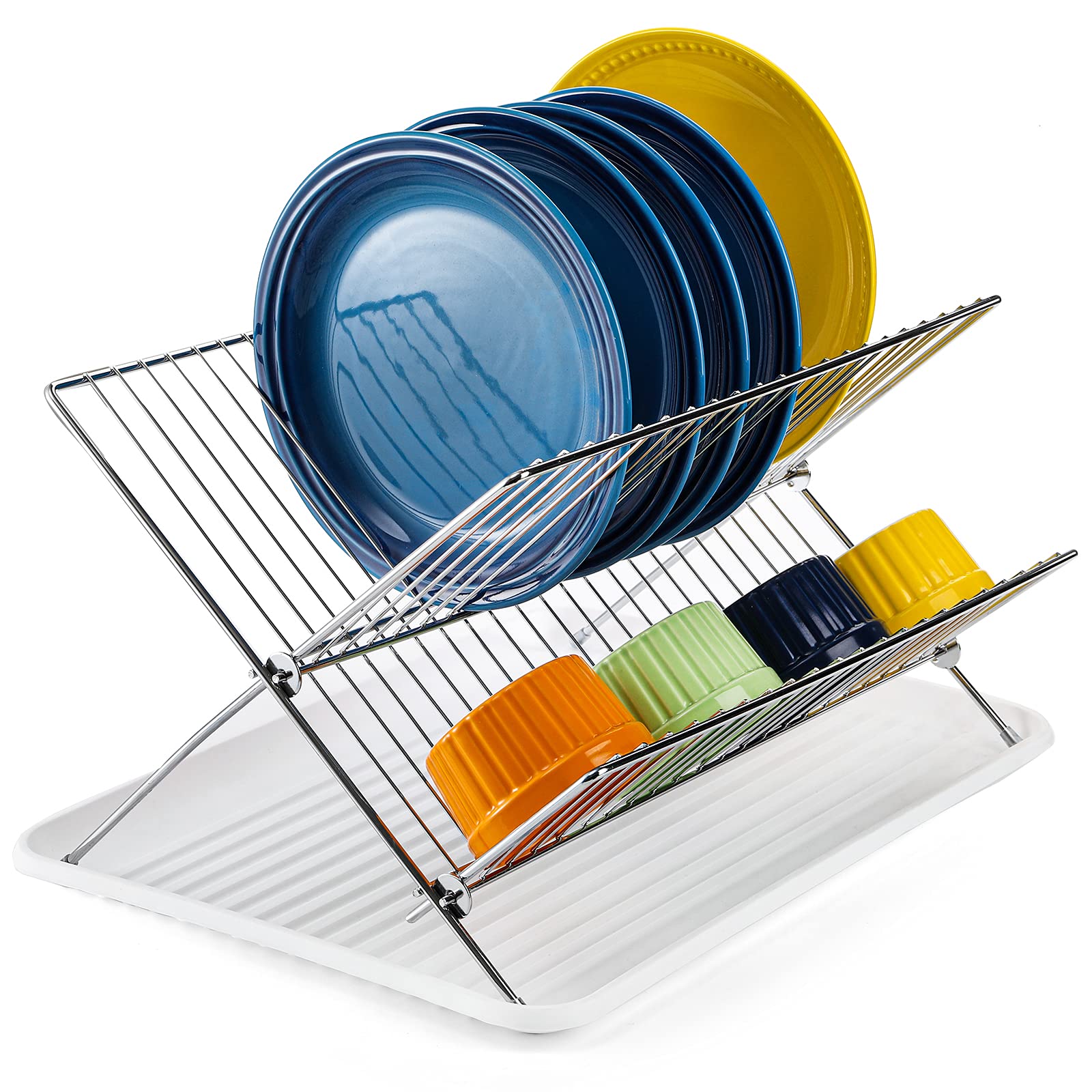 Youeon Foldable Dish Drying Rack With Drip Tray, Stainless Steel 2 Tier Dish Drainer Rack, Collapsible Dish Drainer, Folding Dis