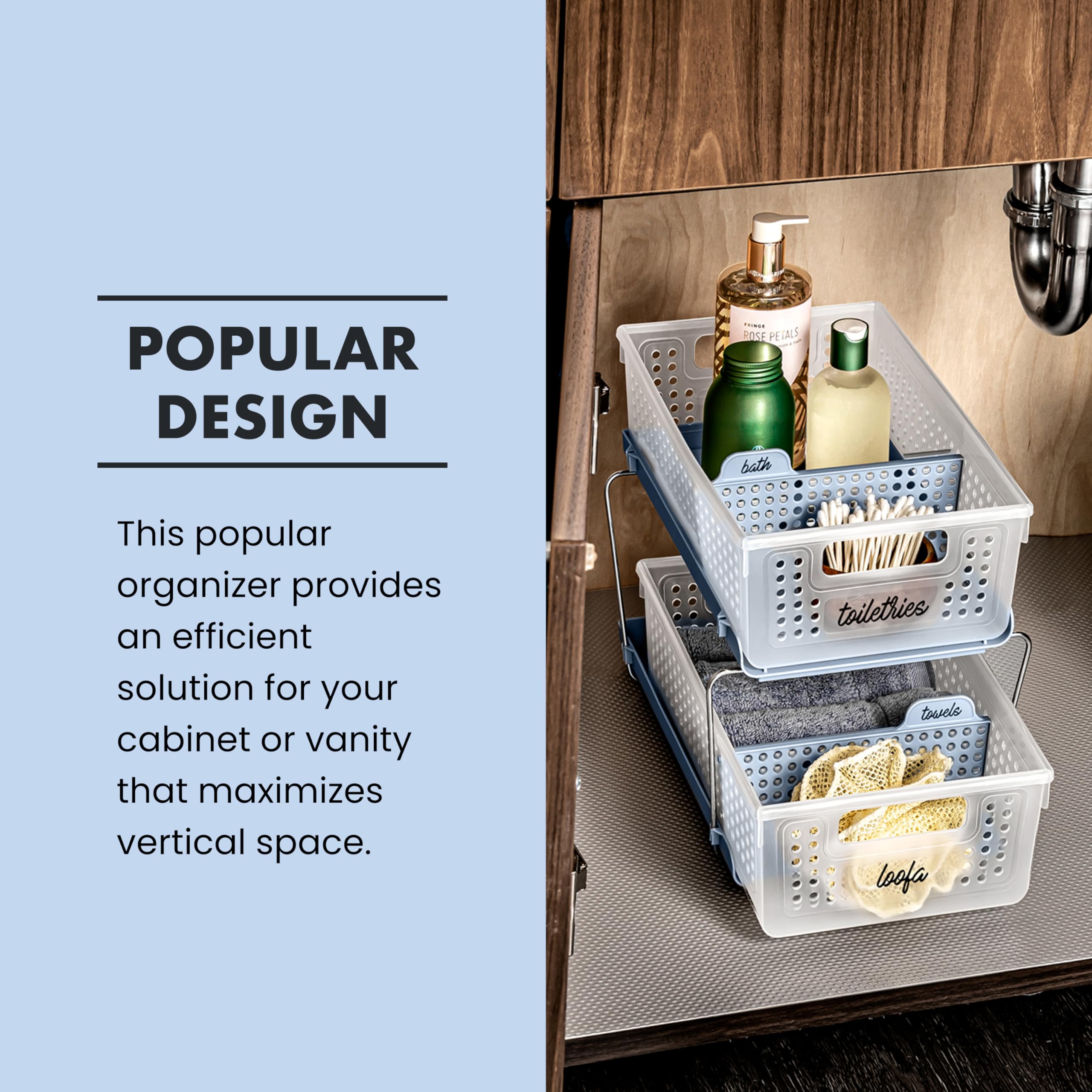 Madesmart 2-Tier Plastic Multipurpose Organizer With Divided Slide-Out Storage Bins, Under Sink And Cabinet Organizer Rack, Fros