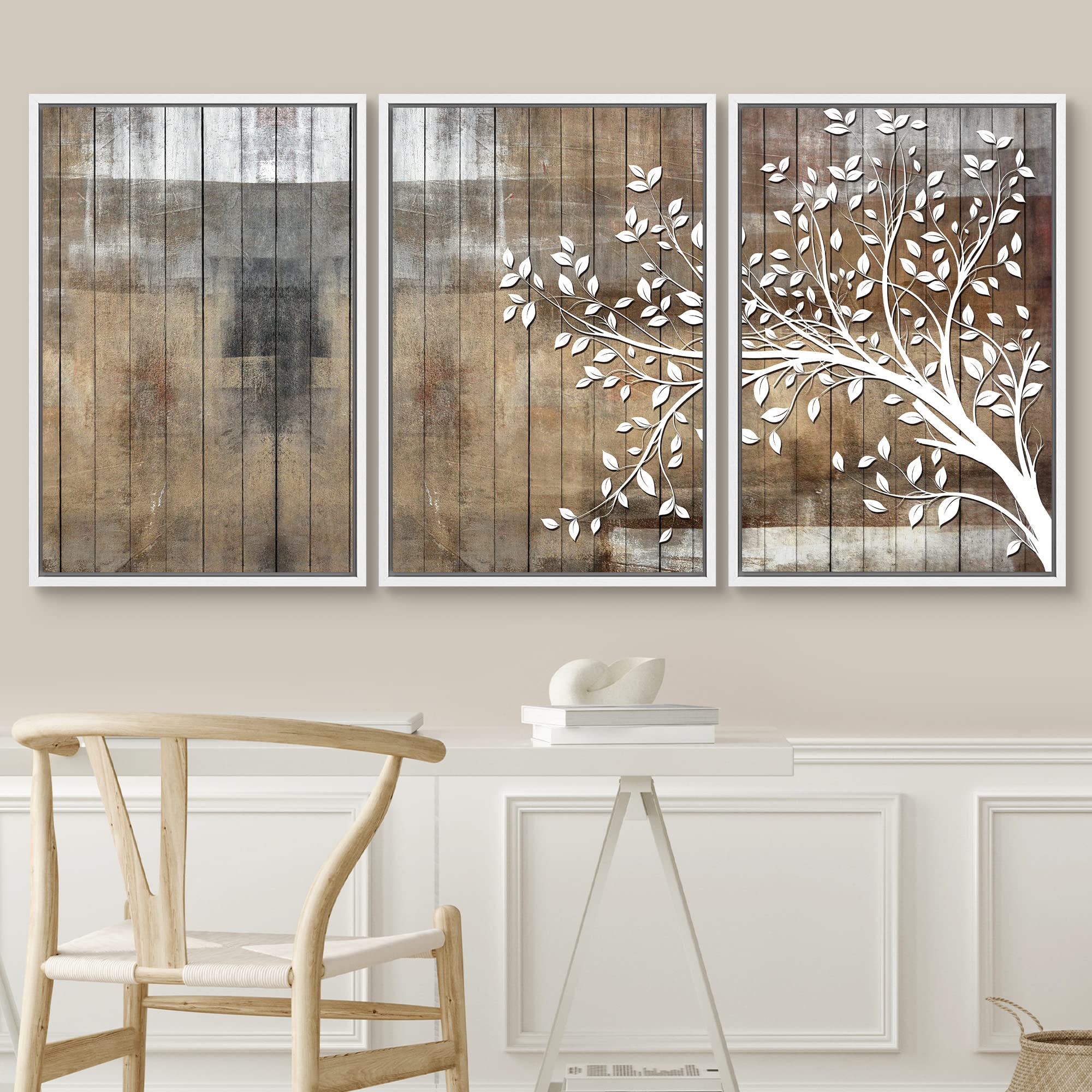 Signwin Framed Canvas Print Wall Art Set White Tree Silhouette & Color Blocks Nature Wilderness Wood Panels Modern Art Rustic Sc