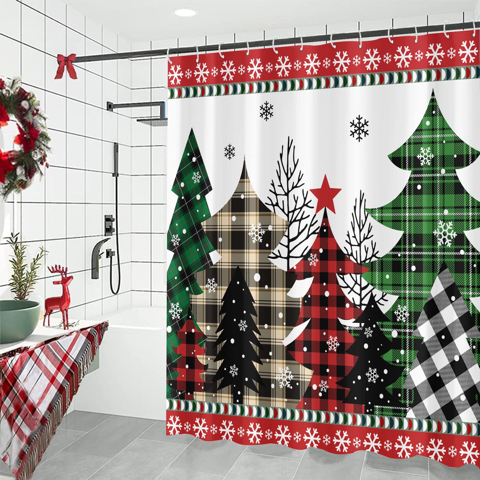Zussun Christmas Shower Curtain Red And Green Buffalo Plaid Tree Winter Snowflake Waterproof Fabric Shower Curtains For Bathroom
