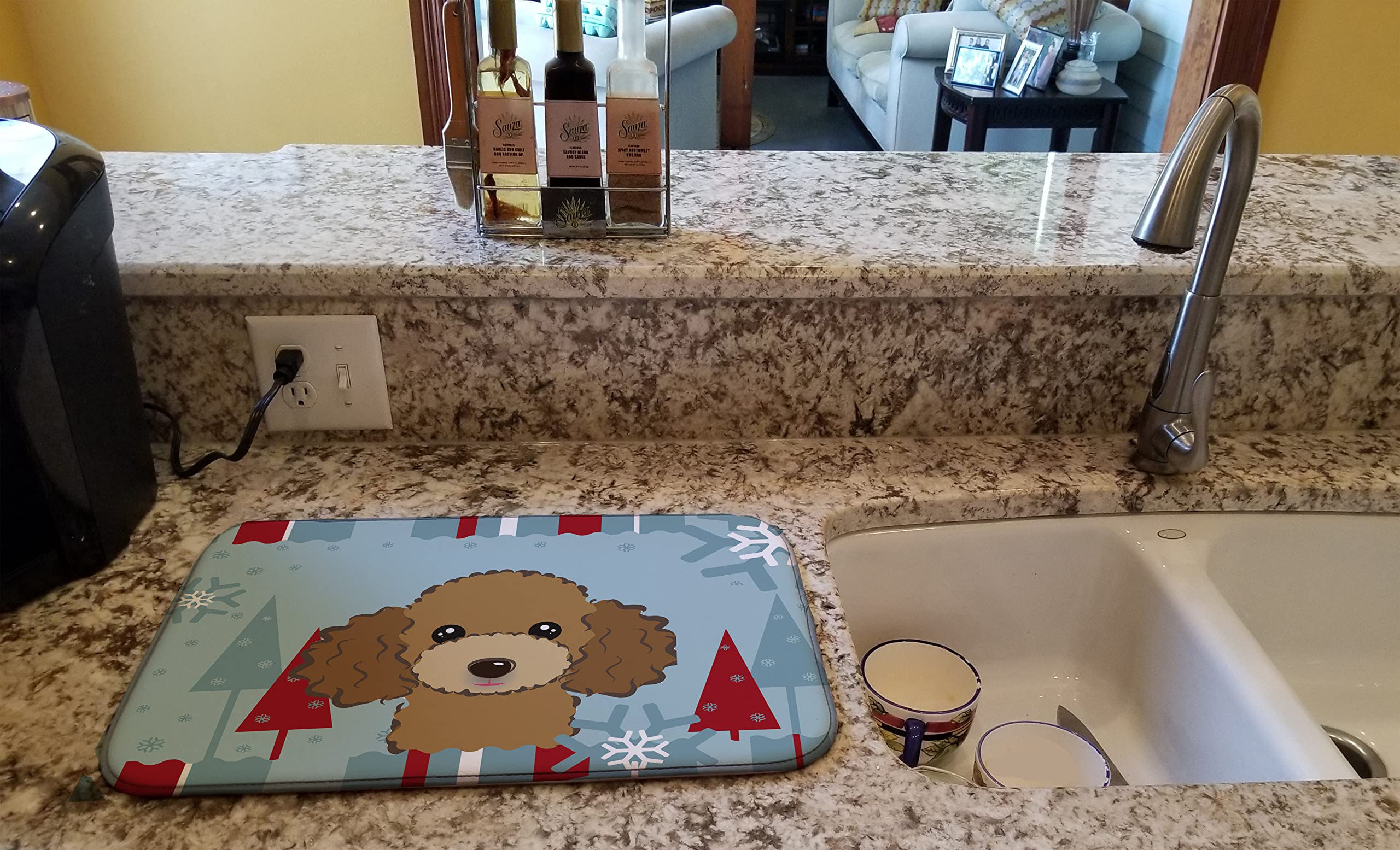 Winter Holiday Chocolate Brown Poodle Dish Drying Mat BB1752DDM