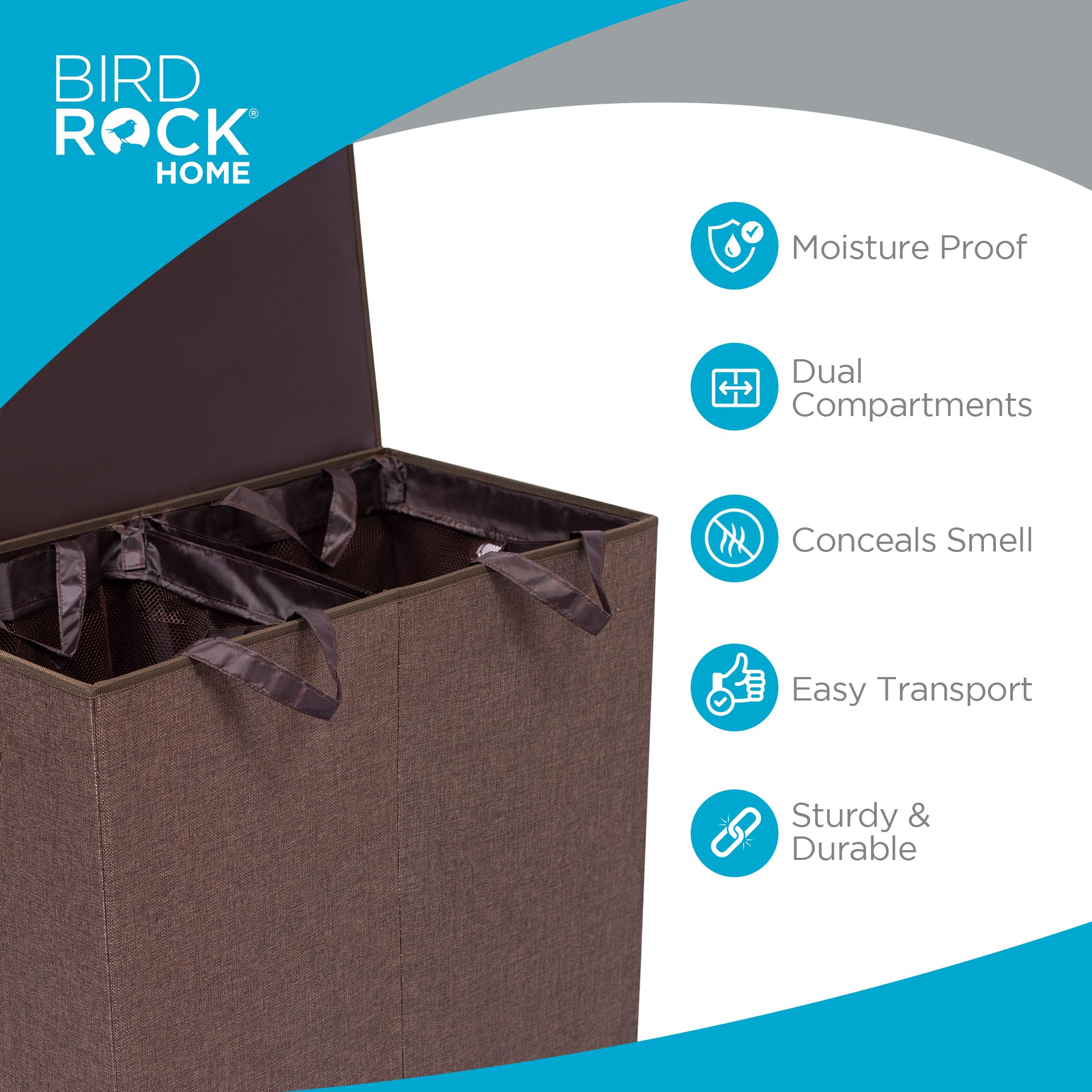 Double Laundry Hamper with Lid | Removable mesh bags | Dual Compartment Clothes Hamper | Brown