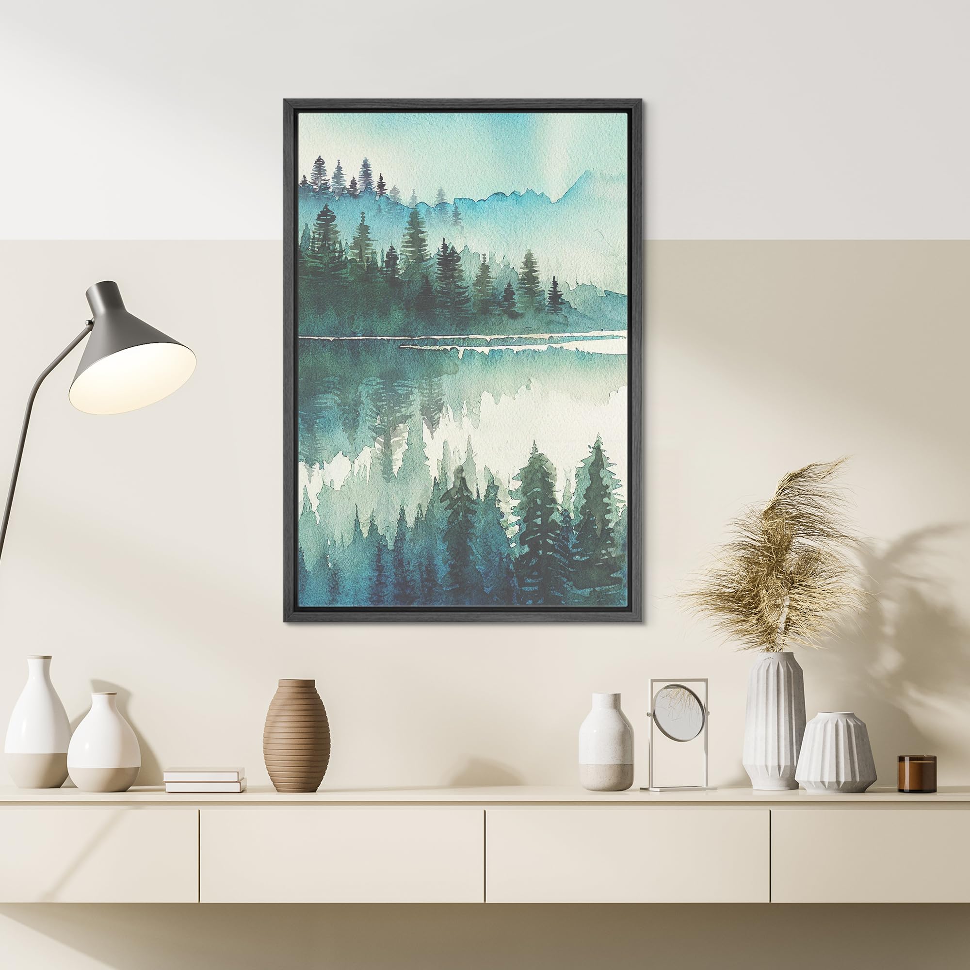 Signwin Framed Canvas Print Wall Art Teal Pastel Mountain Range Lake Nature Landscape Prints Minimalist Modern Art Woodland Nurs