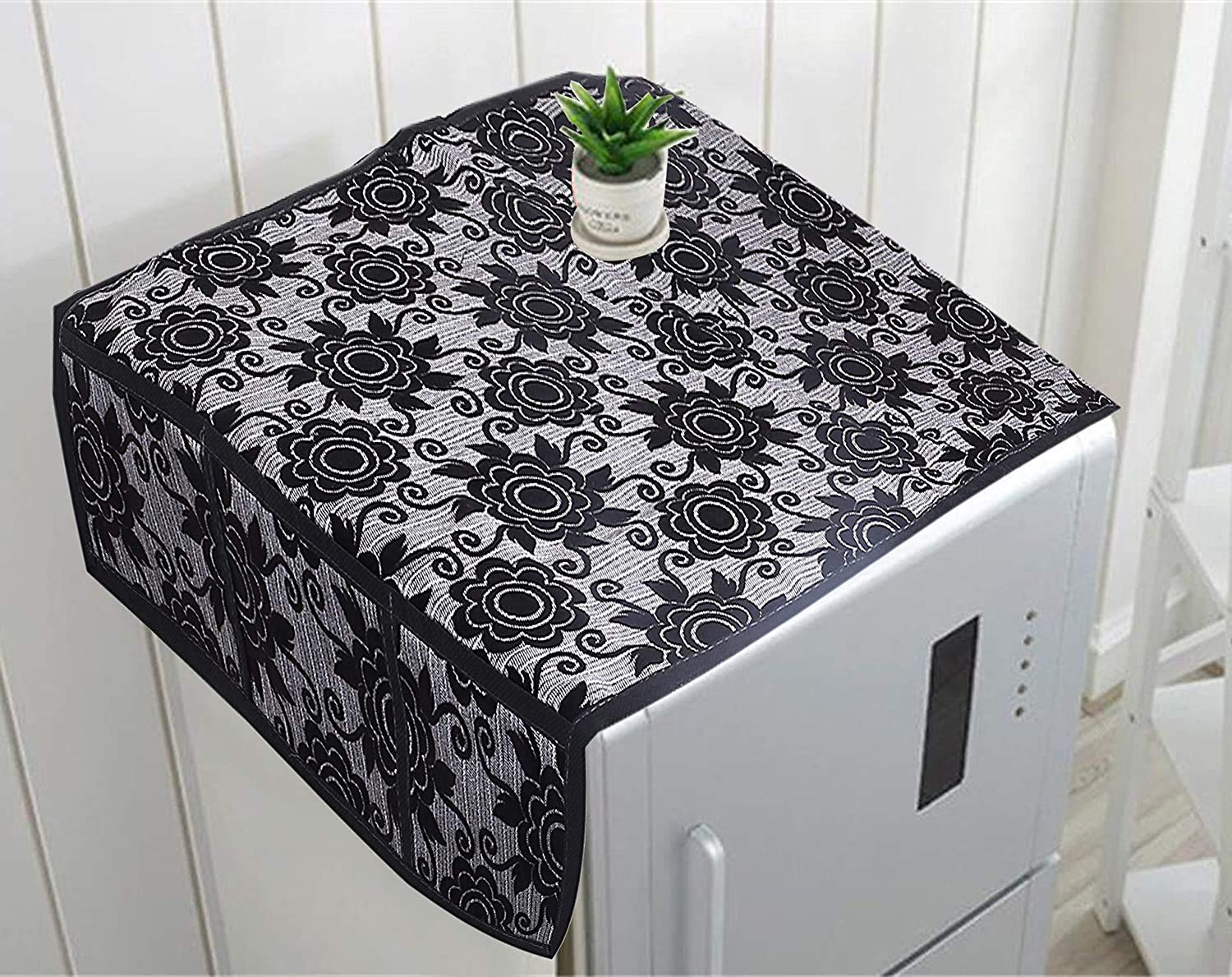 Kuber Industries Floral Design Cotton Fridge Top Cover 37''X21'' (Black), Ctktc013848