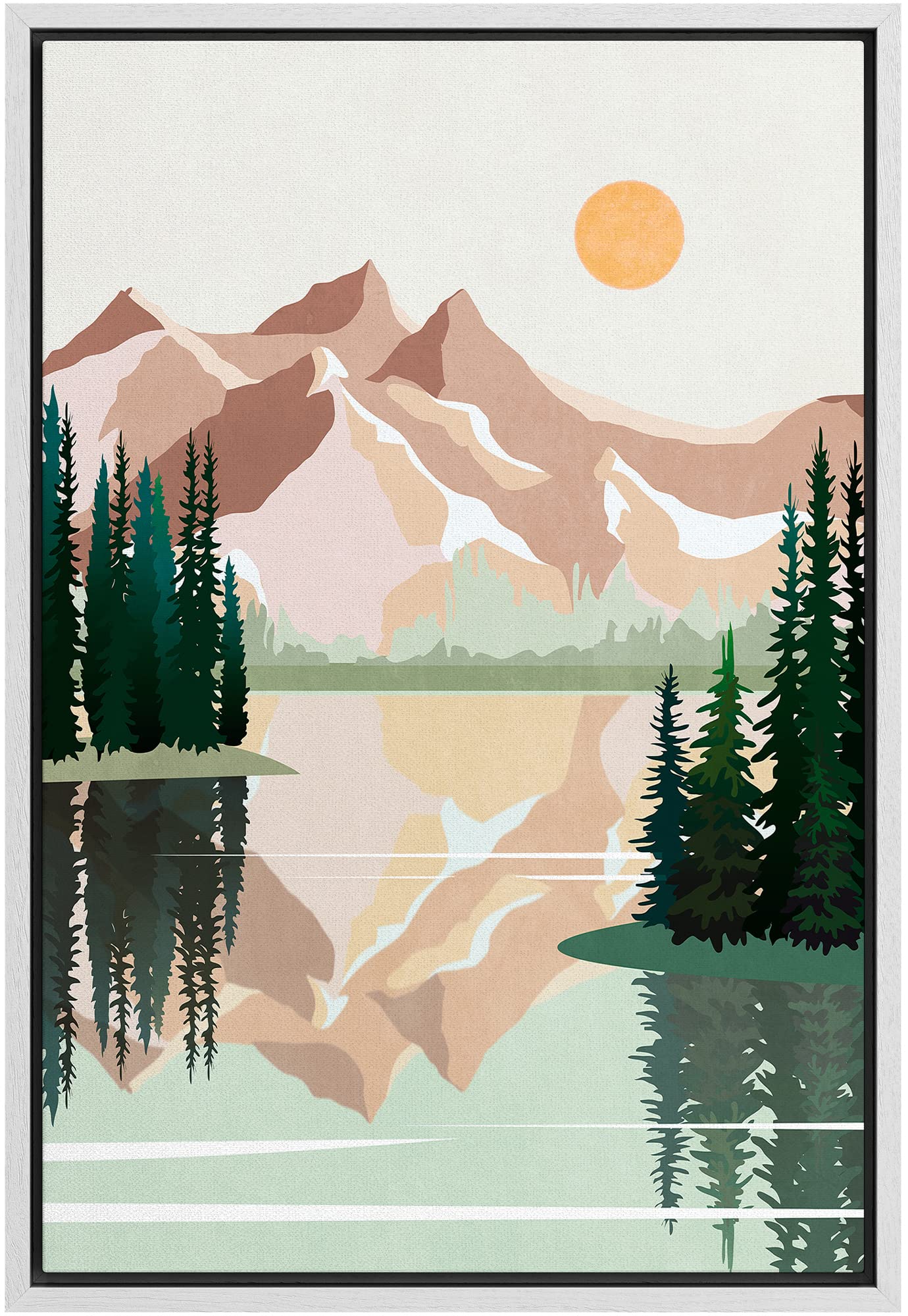 Signford Framed Canvas Print Wall Art Pastel Winter Mountain Forest Lake Reflection Nature Wilderness Illustrations Modern Art D