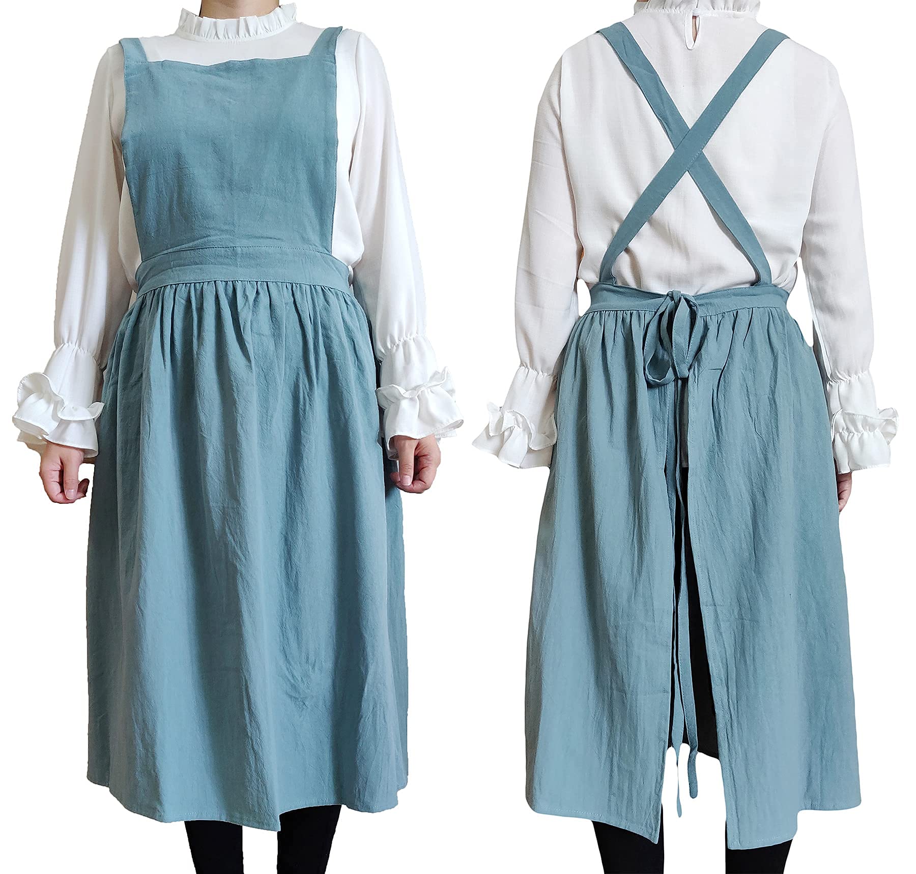 Losofar Women Girls Vintage Apron Gardening Works Cross Back Pinafore Dress (Green(No Pocket), 33''X 29'')