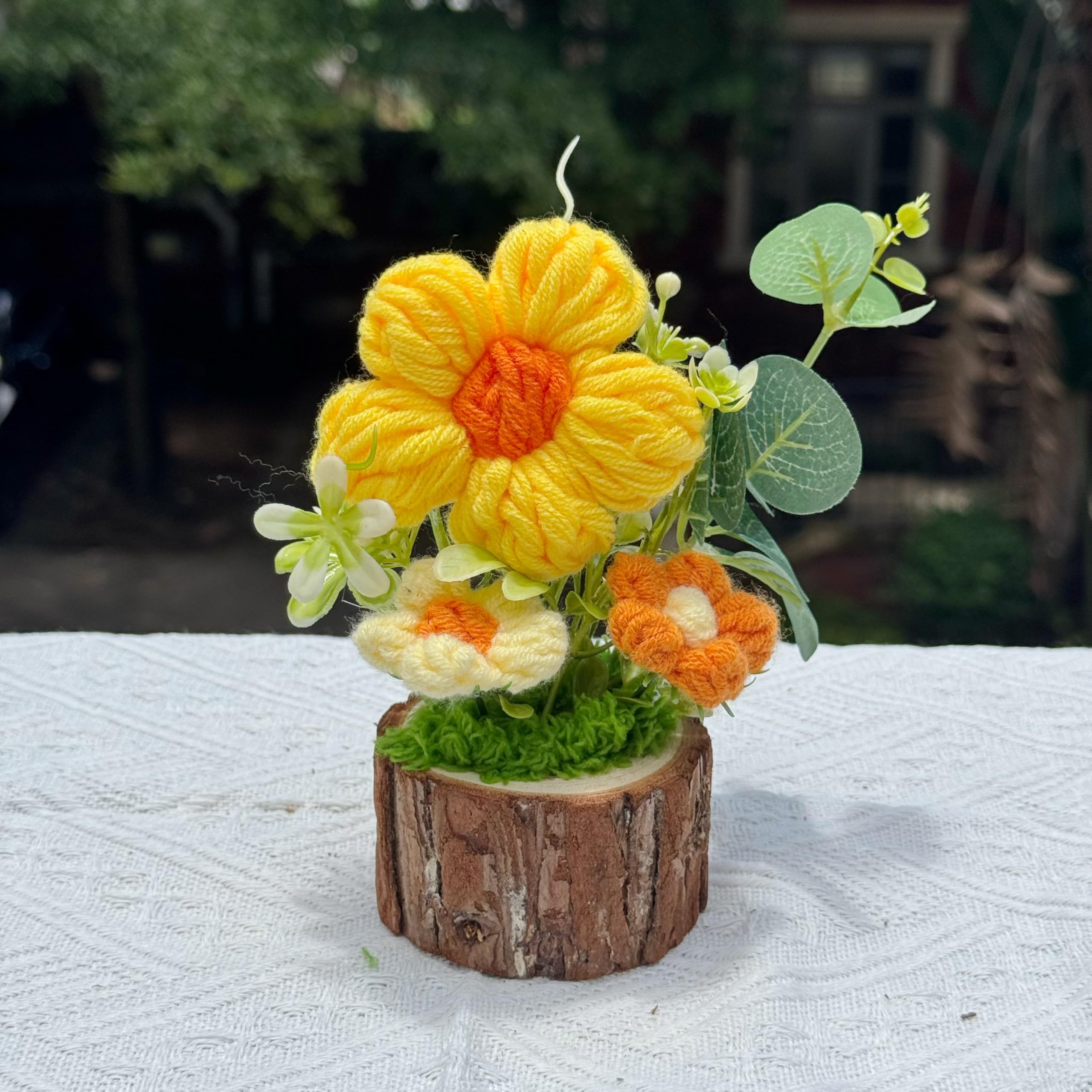 Tileafry Handmade Crochet Puff Flowers Bouquet Creative Knitted Potted Plant Cute Home Desktop Decorations and Gifts for Friends