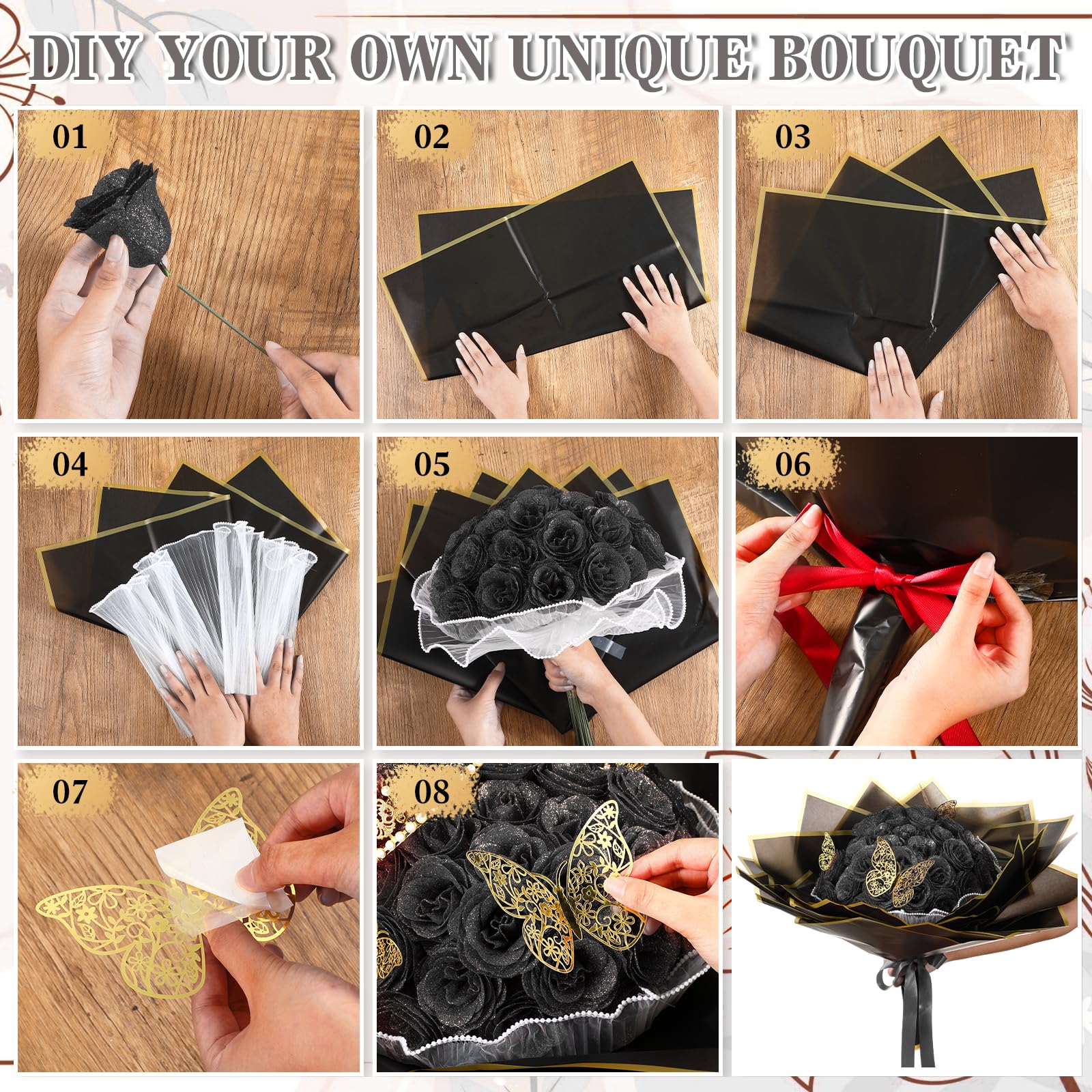 Thiccywoov 24 Pcs Christmas Glitter Roses Bouquet Gifts Artificial Rose DIY Flower Bouquet Kit Birthday Gifts Flower Wrapping Pa