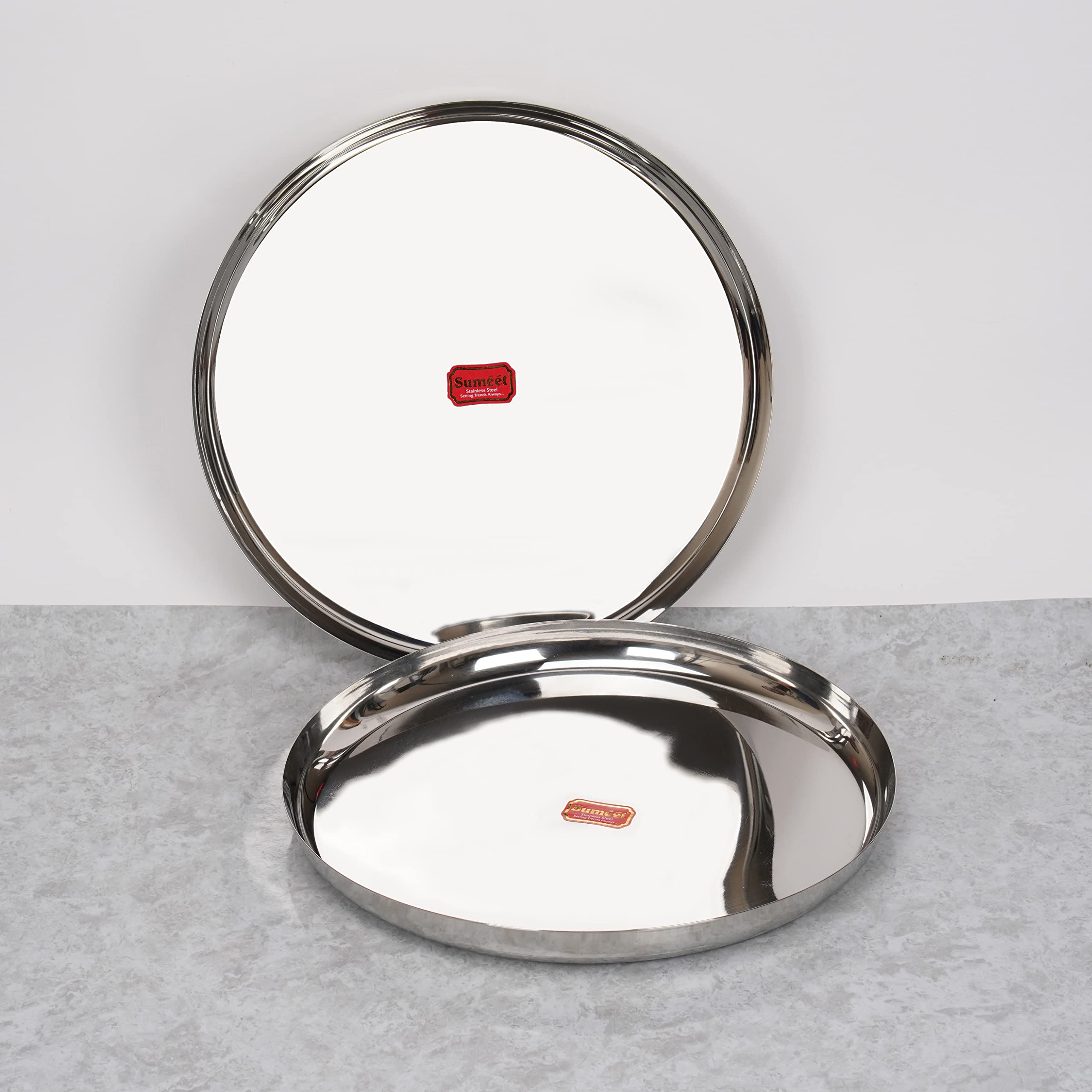 Sumeet Stainless-Steel Apple Shape Heavy Gauge Dinner Plates with Mirror Finish-34.6cm Dia, Set of 2pc, Silver