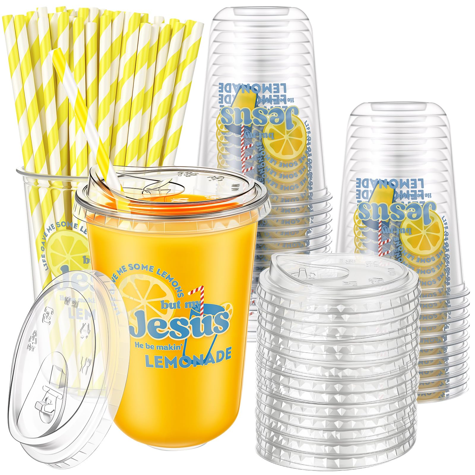 Rtteri 50 Sets Jesus Lemonade Plastic Cups Bulk with Lids and Straws 16 oz