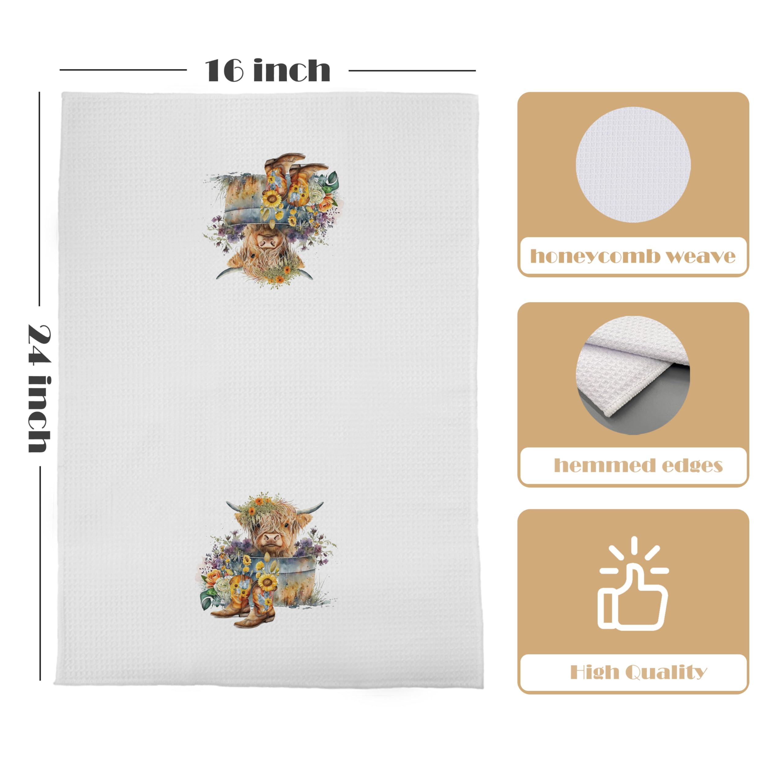 GCFET Highland Cow Dish Towels - Spring Decorative Kitchen Towels, Western Sunflower Floral Cowgirl Boots Hand Tea Towels, Highl