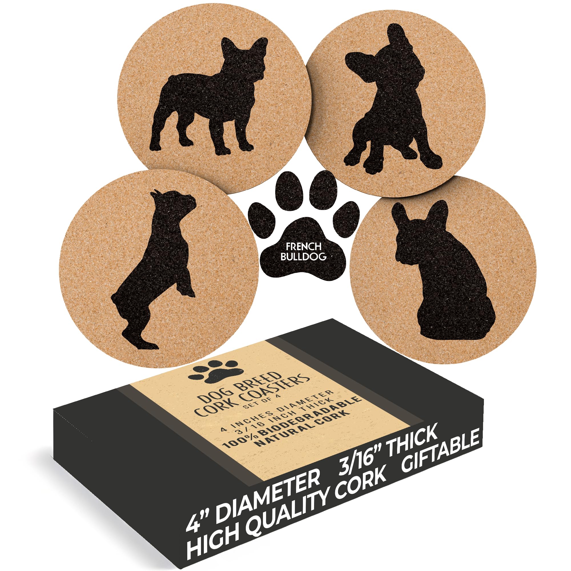Greenline Goods French Bulldog Lovers Cork Drink Coasters - Set Of 4 Dog Coasters With Protective Bottom - French Bulldog Decor