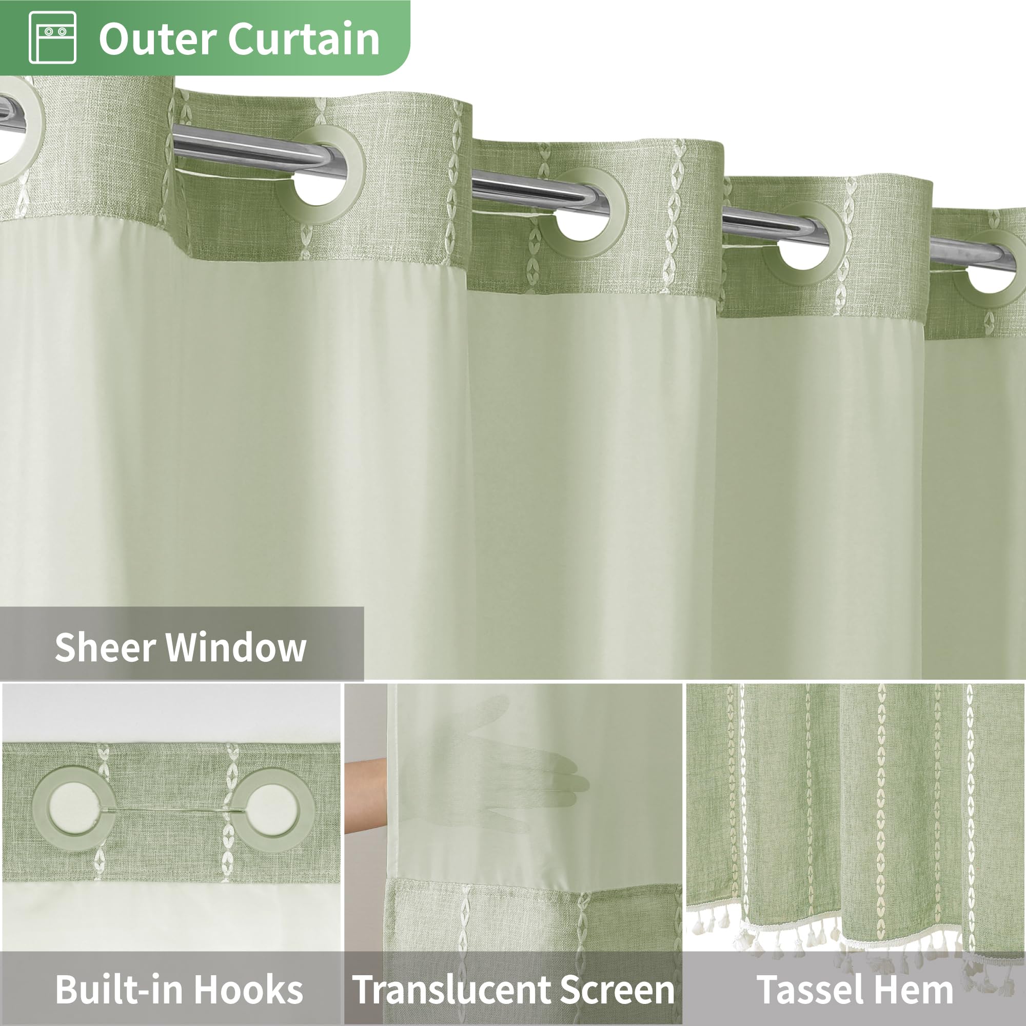 Eachope No Hook Stall Shower Curtain With Snap-In Fabric Liner - 54X80 Heavy-Duty Linen Textured Striped Design,Narrow Rustic Mo