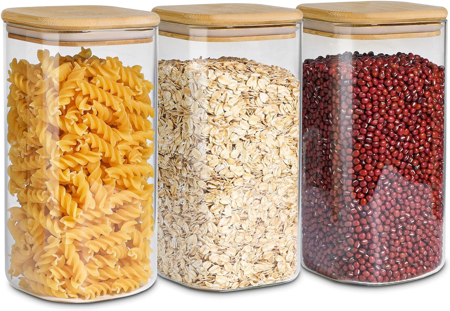 ComSaf Airtight Glass Storage Canister with Wood Lid (51 oz), Clear Food Storage Container Jar with Sealing Lids for Oat Pasta F