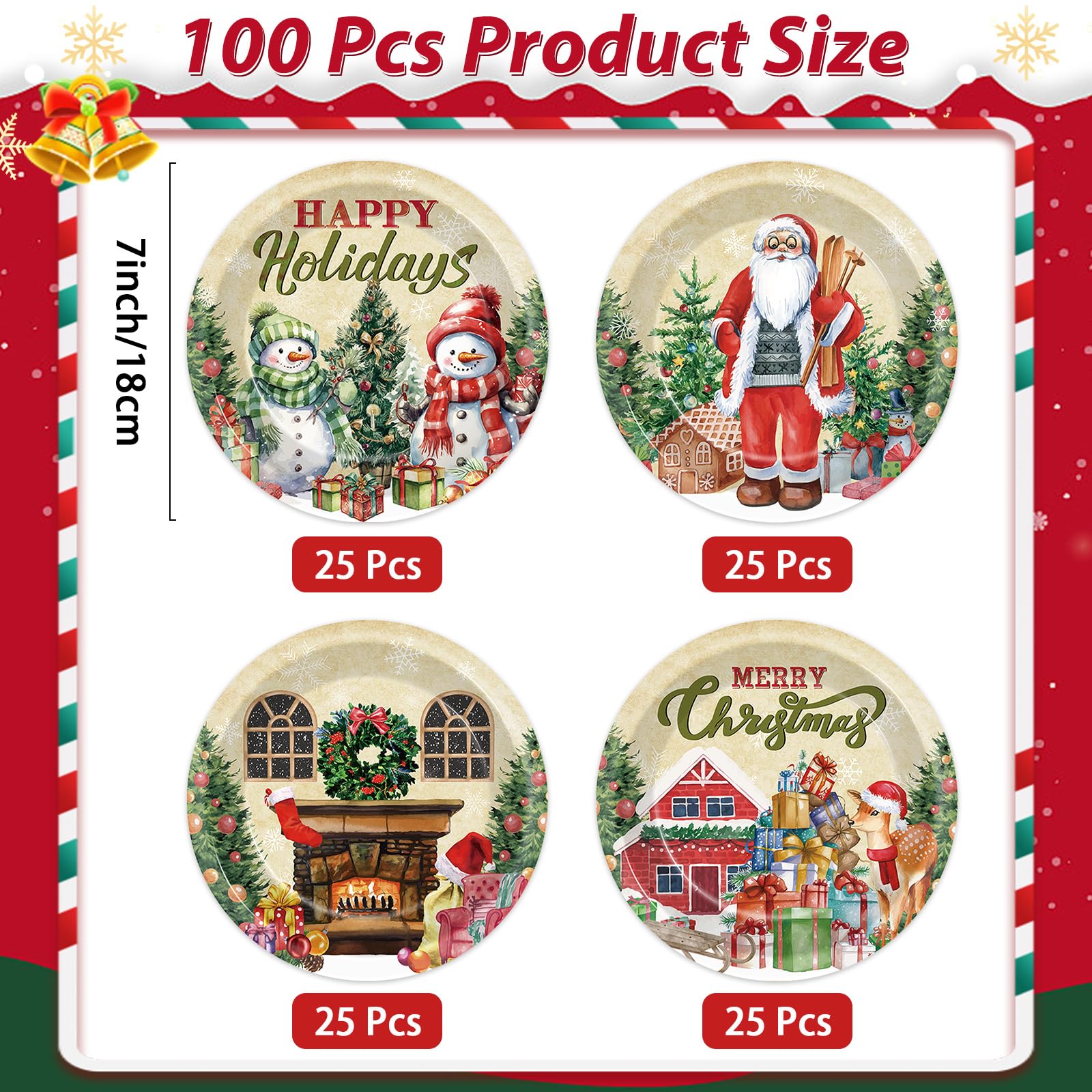 OBUSATT 100 Pcs Christmas Xmas Paper Plates Party Decorations Snowman Plates 7inch Disposable Christmas Tree Santa Dinner Plates