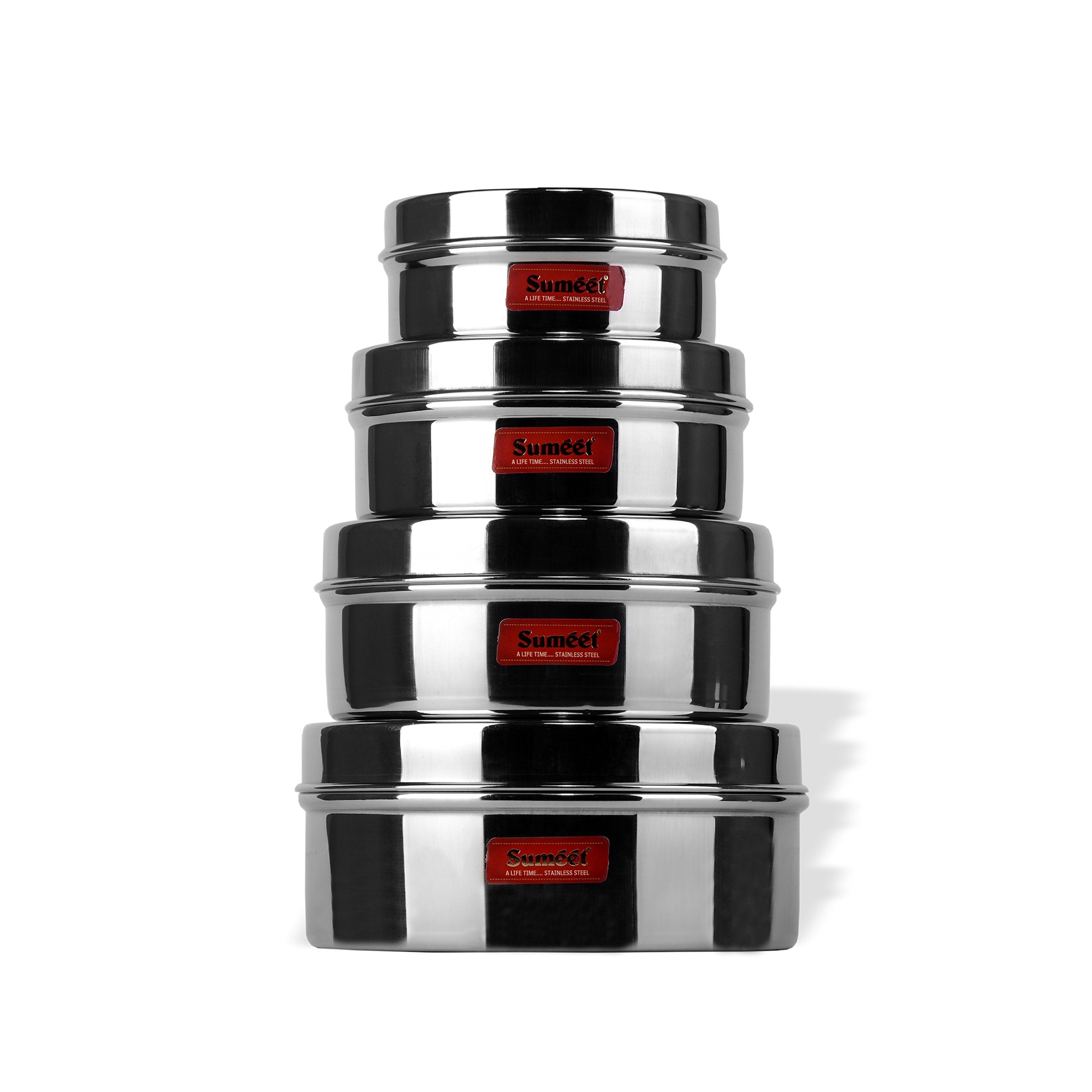 Sumeet Stainless Steel Flat Canisters/Puri Dabba/Storage Containers Set of 4Pcs (No. 6 To No. 9) (200ml, 350ml, 500ml, 800ml)