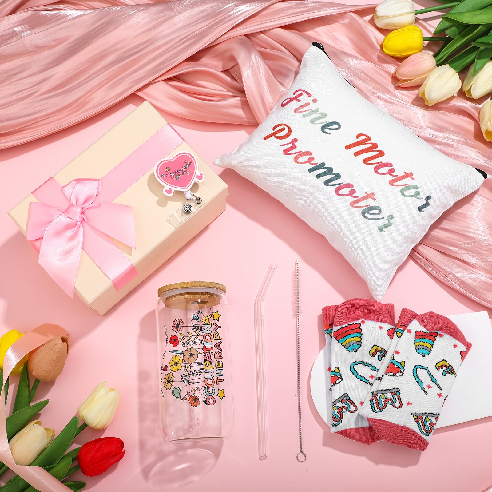 Skylety 5 Pcs Christmas Occupational Therapy Gifts Set Glass Cup Socks Cosmetic Bag Badge Holder OT Appreciation Gift Box Occupa