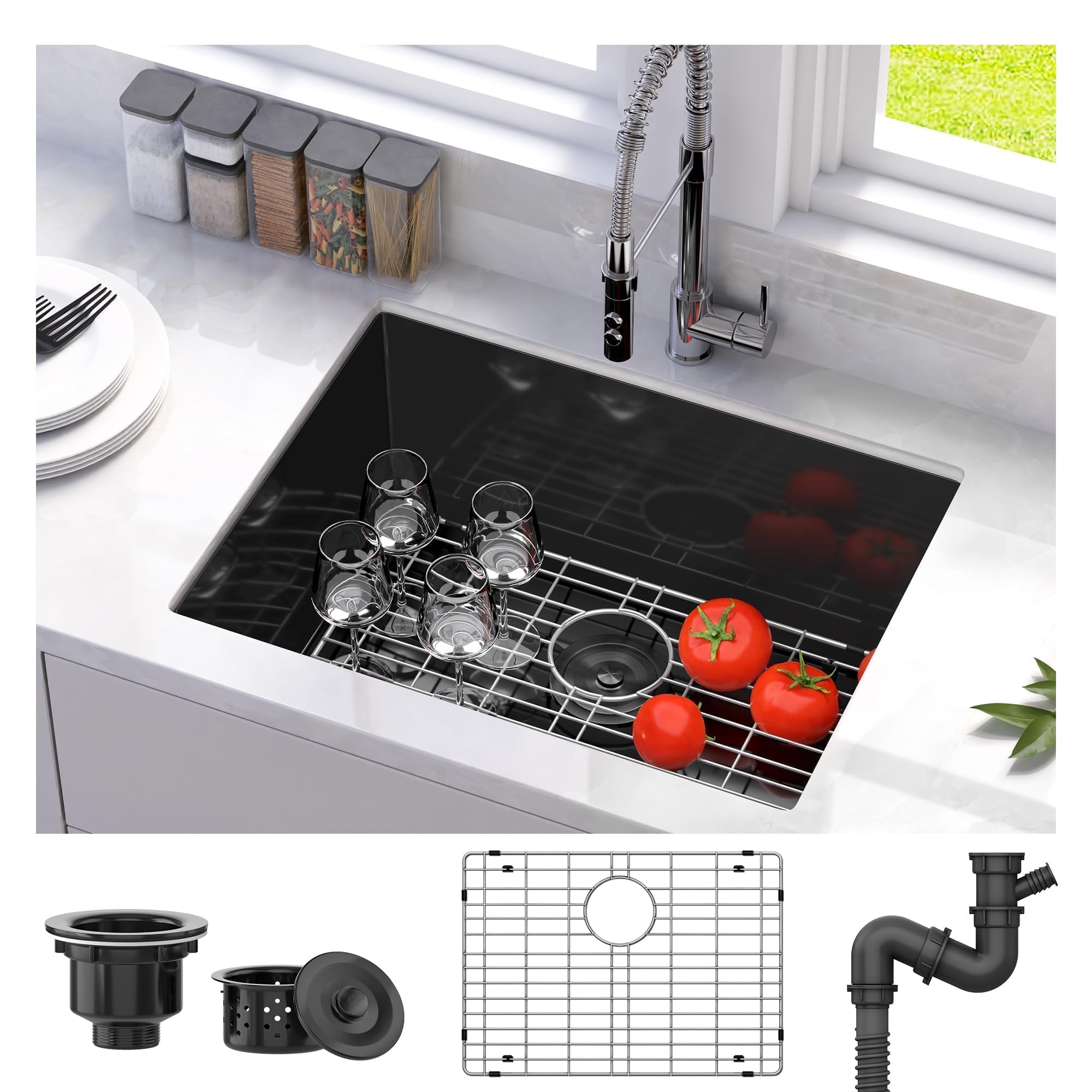 Yitahome Black Kitchen Sink 26In Undermount Sink Single Bowl 16 Gauge Stainless Steel Nano Gunmetal Black Sink With Accessories