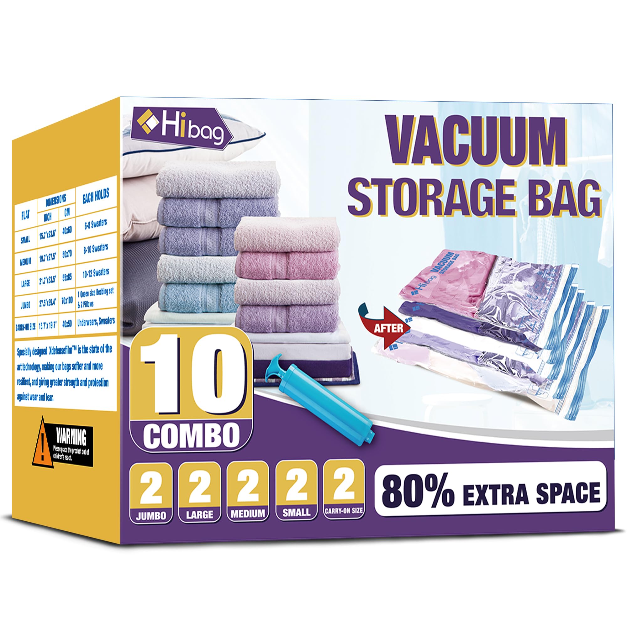 HIBAG Vacuum Storage Bags, 10-Pack Vacuum Seal Bags for Clothing Clothes, Space Saver Bags (2 Jumbo, 2 Large, 2 Medium, 2 Small,